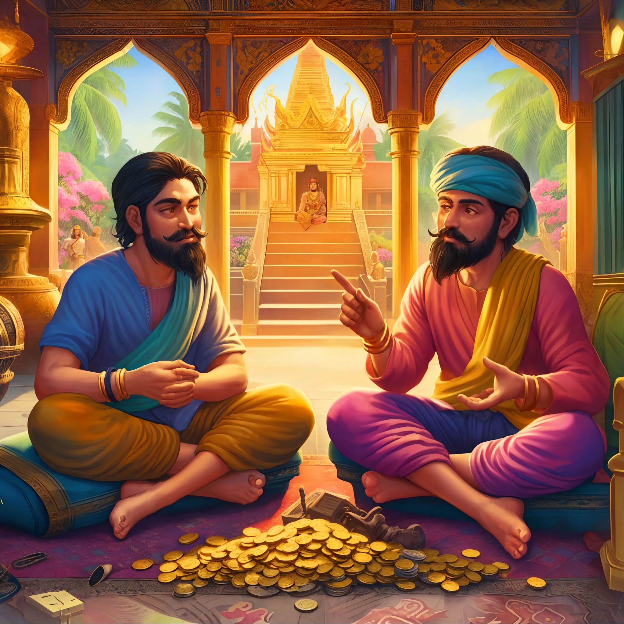 two men sitting on the ground with coins in front of them, by Daryush Shokof, temple background, ghutra and egal, game illustration, a beautiful artwork illustration, sitting on a pile of gold coins, by Max Dauthendey, fleeing merchants, hindu aesthetic, background depicting a temple, festival of rich colors