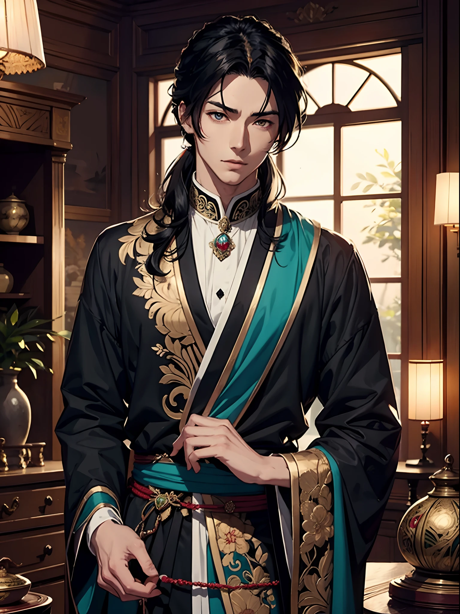 anime handsome man with black hair, emperor, intricate hairstyle, intricate clothes, jade jewelry, jade jewelry box