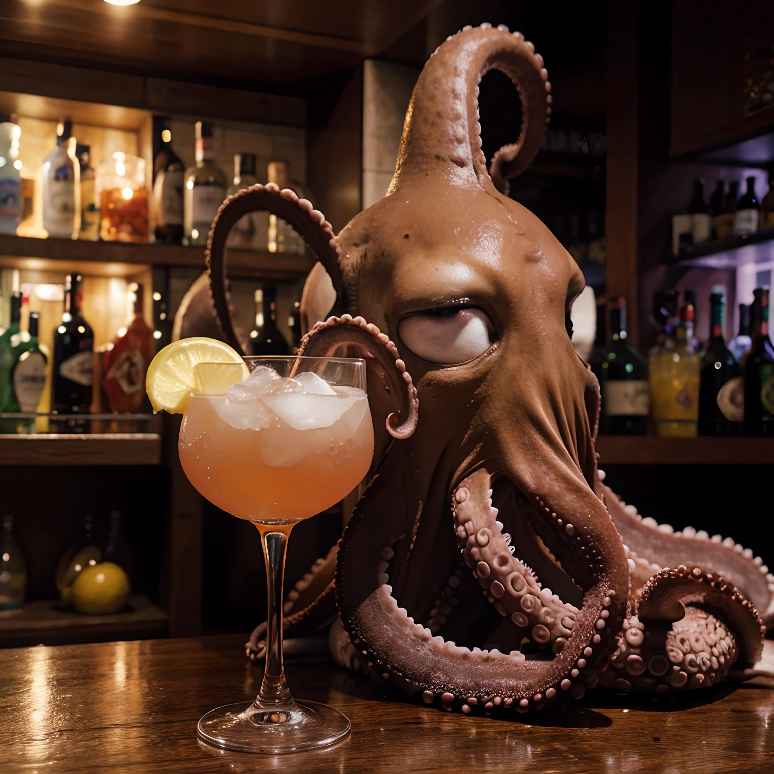 holiday photo of octopus drinking wine at bar in resort