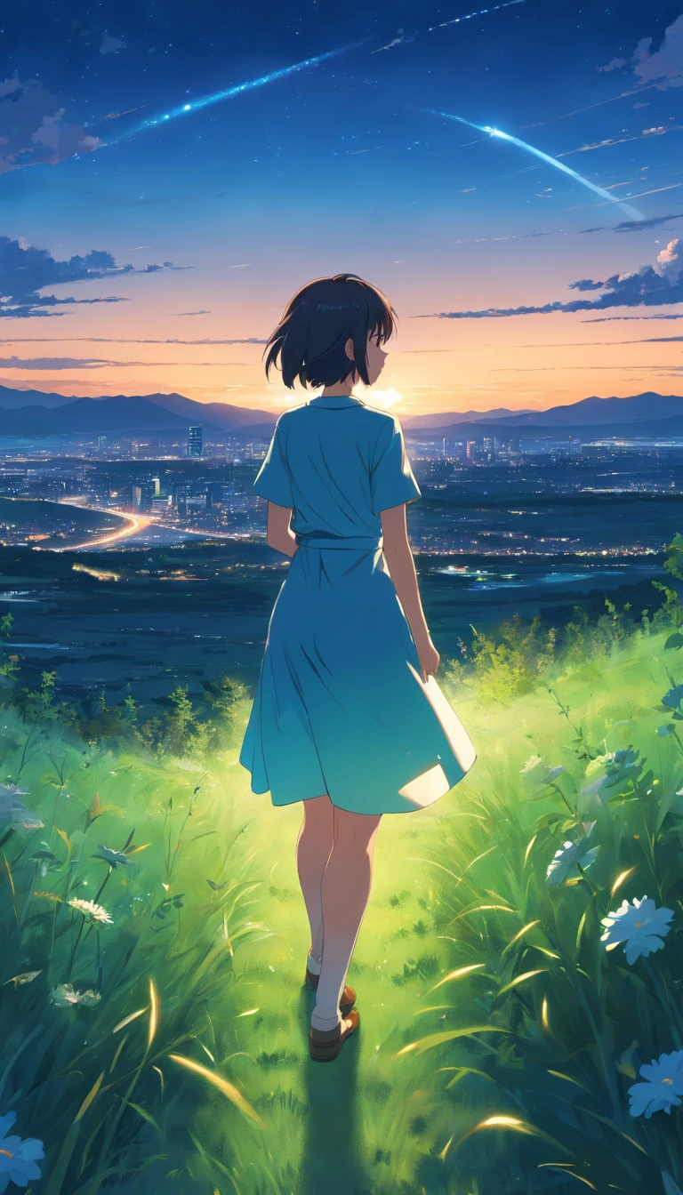 blue sky white clud free fild res sun green grass one girl night view