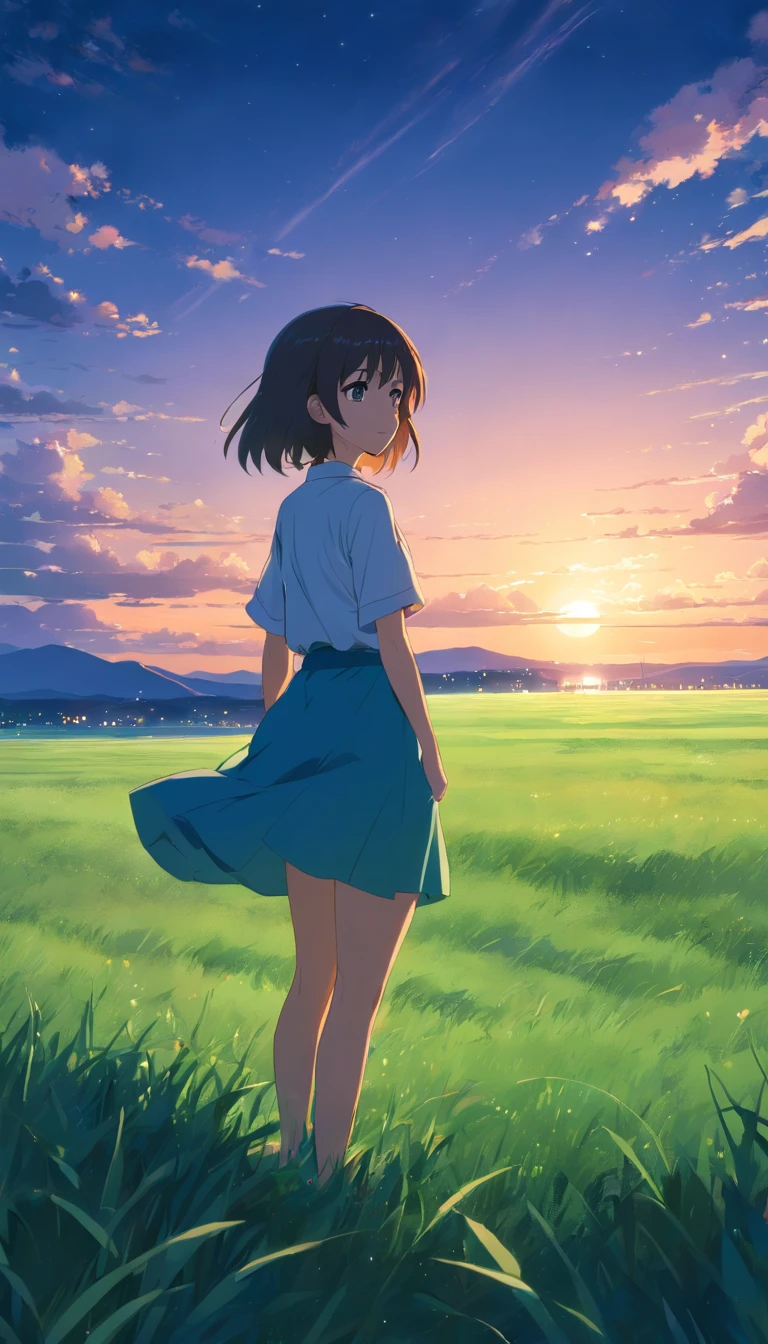 blue sky white clud free fild res sun green grass one girl night view