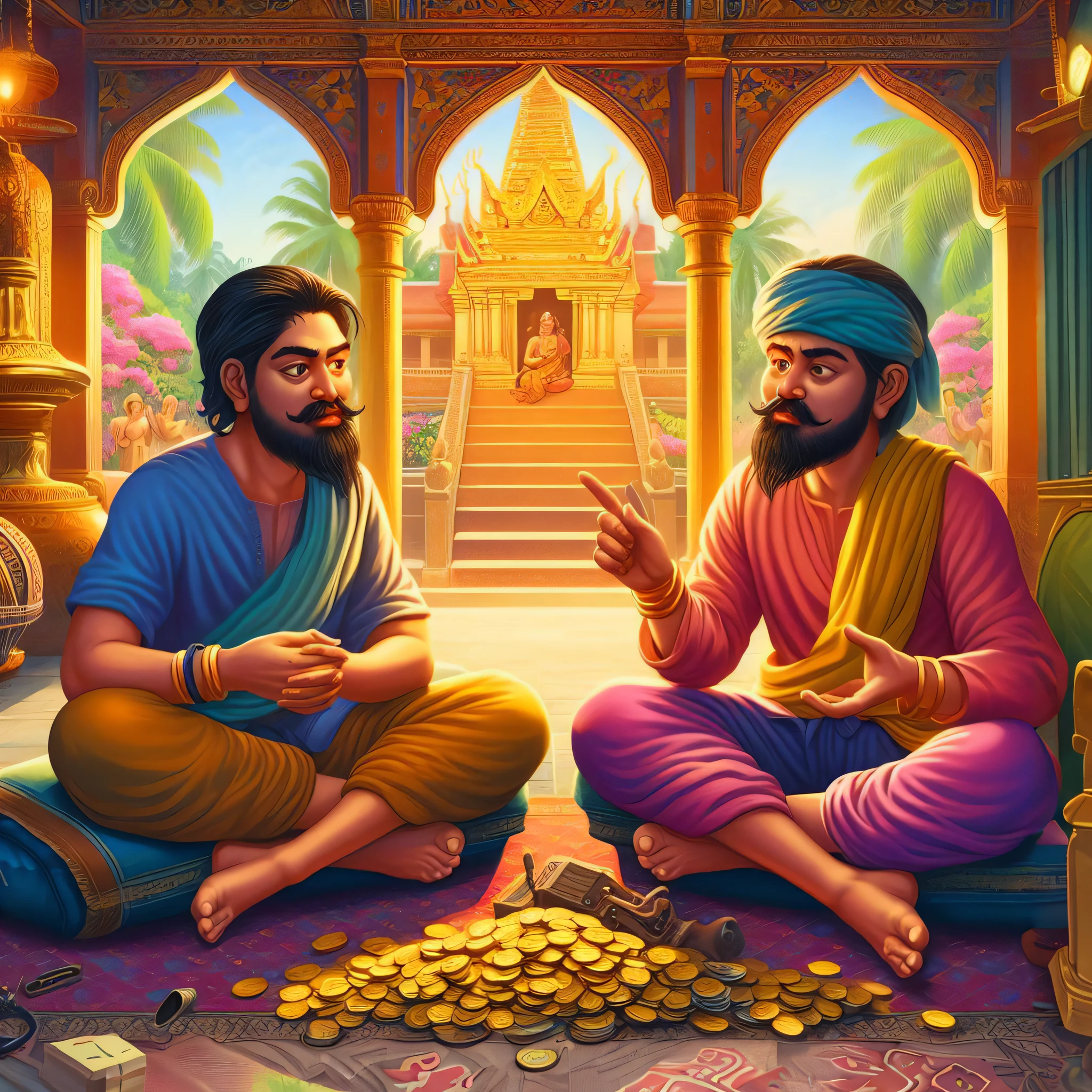 two men sitting on the ground with coins in front of them, by Daryush Shokof, temple background, ghutra and egal, game illustration, a beautiful artwork illustration, sitting on a pile of gold coins, by Max Dauthendey, fleeing merchants, hindu aesthetic, background depicting a temple, festival of rich colors