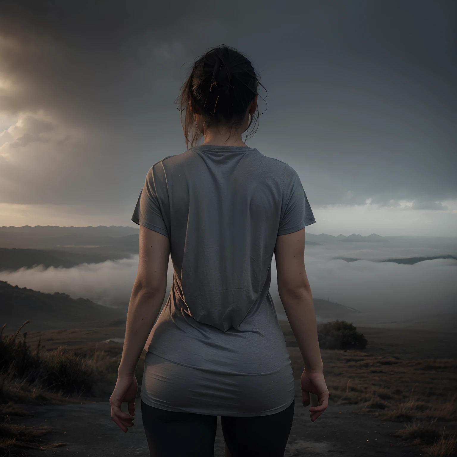 View from the front. Full body. Woman (in sweaty t-shirt) steps out of fog, fog surrounds her, (large scaly clawed) hands reach out from behind her