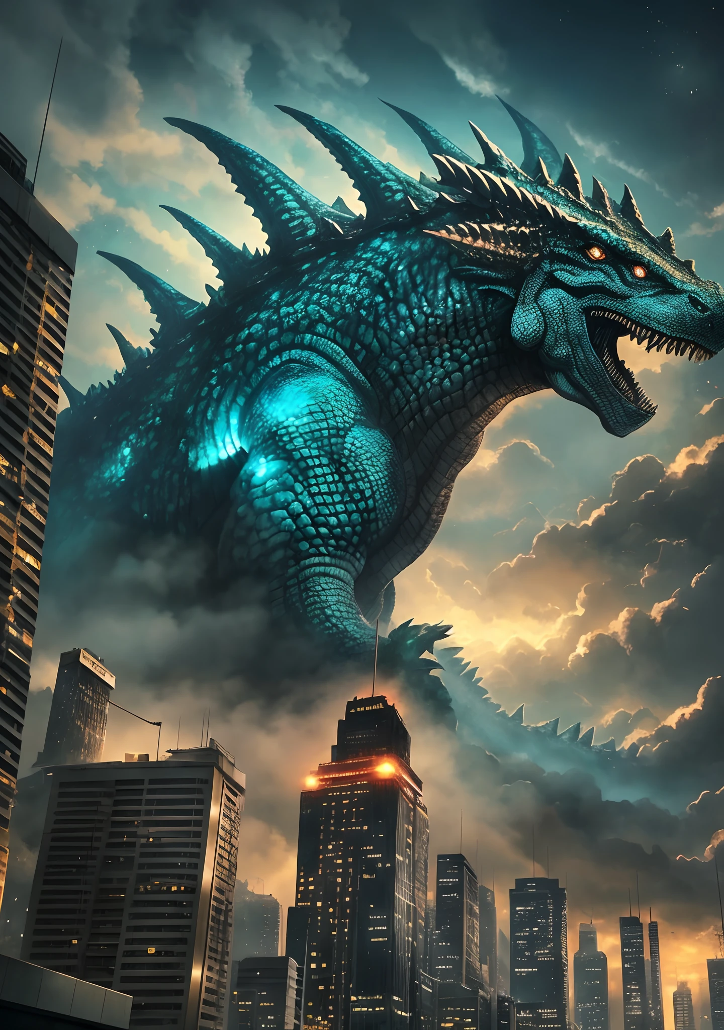 Lagarto gigante en las nubes sobre una ciudad por la noche, Giant kaiju dragon monster, Pintura digital Godrays, Retrato de Godzilla, KaijKKaiju, Arte conceptual de monstruos, by Adam Marczyński --auto --s2