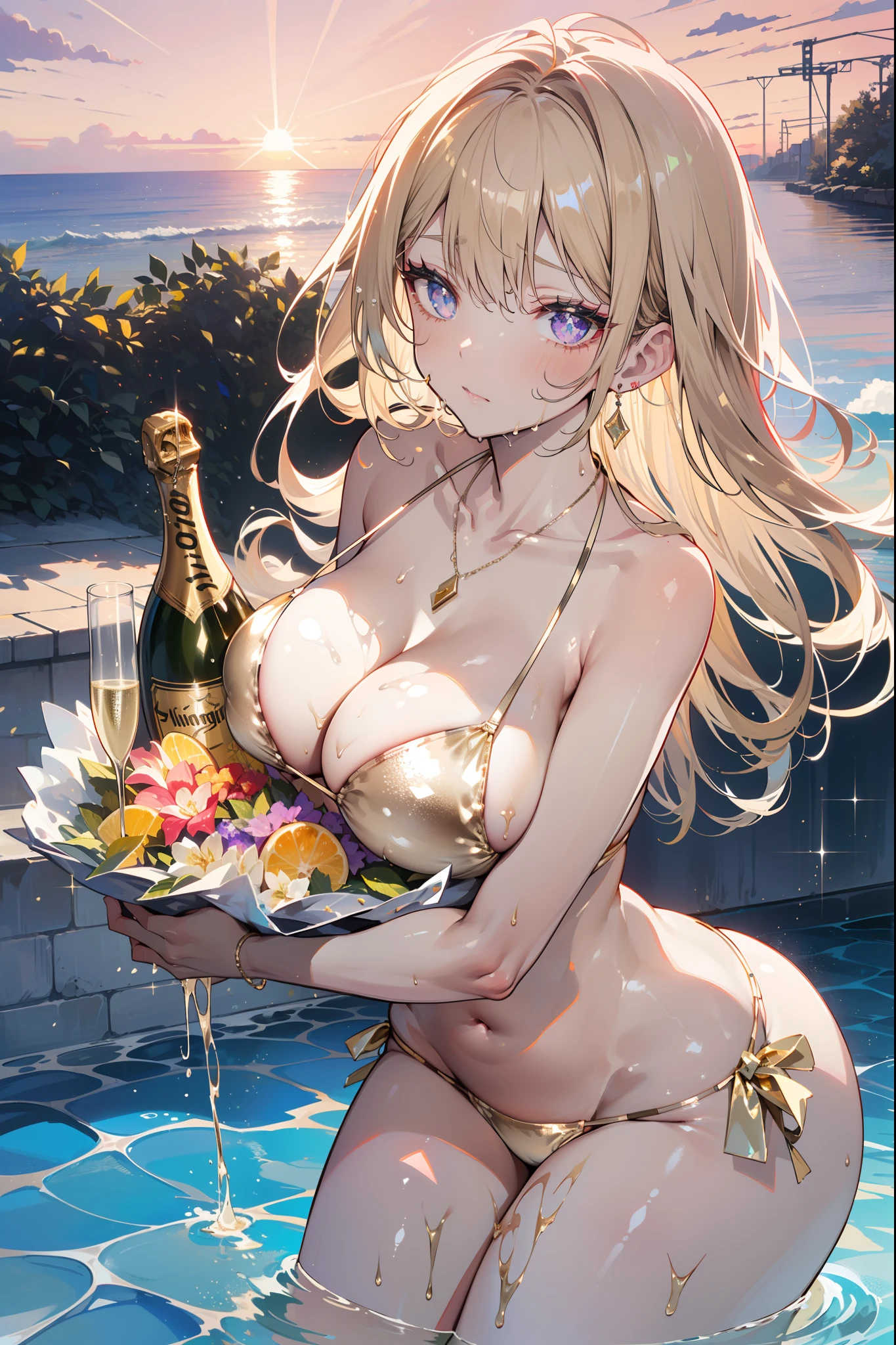 1 beauty, (Light Purple Eyeshadow),platinum-blonde-hair, thick body,thick neck, broad shoulders:1.4, Smaller face, (Long body:1.2), Watery Big Eyes, Toned body, Beautiful constriction, ((Erotic face:1.4)), long eyelasher, in poolside, Wet whole body, ((Glittering champagne gold colored bikini swimsuit:1.4)), (wet and disheveled hair:1.4), ((Perfect Anatomy:1.2)), (Heavy sweat on the face:1.2), Splattering splashes shine:2, fine splashes on the body, (Platinum Necklace and Earrings), (Sunset colored sky:1.4)
