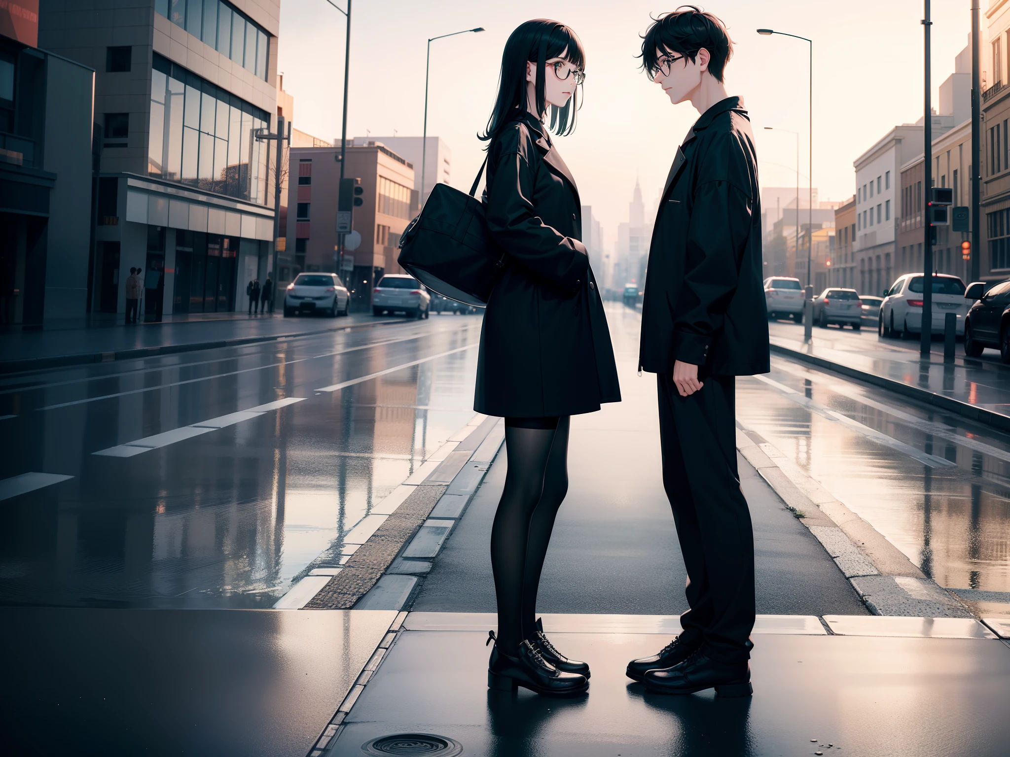a female and a male, Both have black hair, a guy with round glasses, a guy Middle parted hair, stand and back on to each other, lonely, one side is full of light, one side is dark, rainny, on the street, poddle of water on the road, reflecting, polar opposites, symmetry, panorama, perspective, ray tracing, reflection light, depth of field, masterpiece, best quality, high details, high quality, textured skin, accurate, UHD, HD
