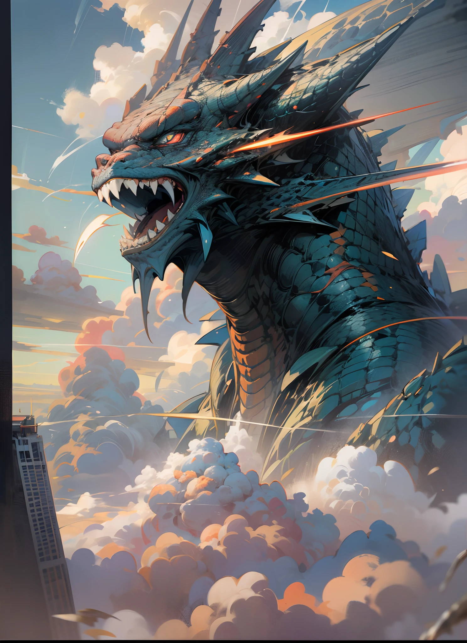Lagarto gigante en las nubes sobre una ciudad por la noche, Giant kaiju dragon monster, A dragon made of clouds, Pintura digital Godrays, Retrato de Godzilla, Kaiju soaring over New York, Wojtek FUS, Retrato del personaje de Godzilla, Kaiju, Arte conceptual de monstruos, by Adam Marczyński, Monstruo destruyendo Pyongyang --auto --s2