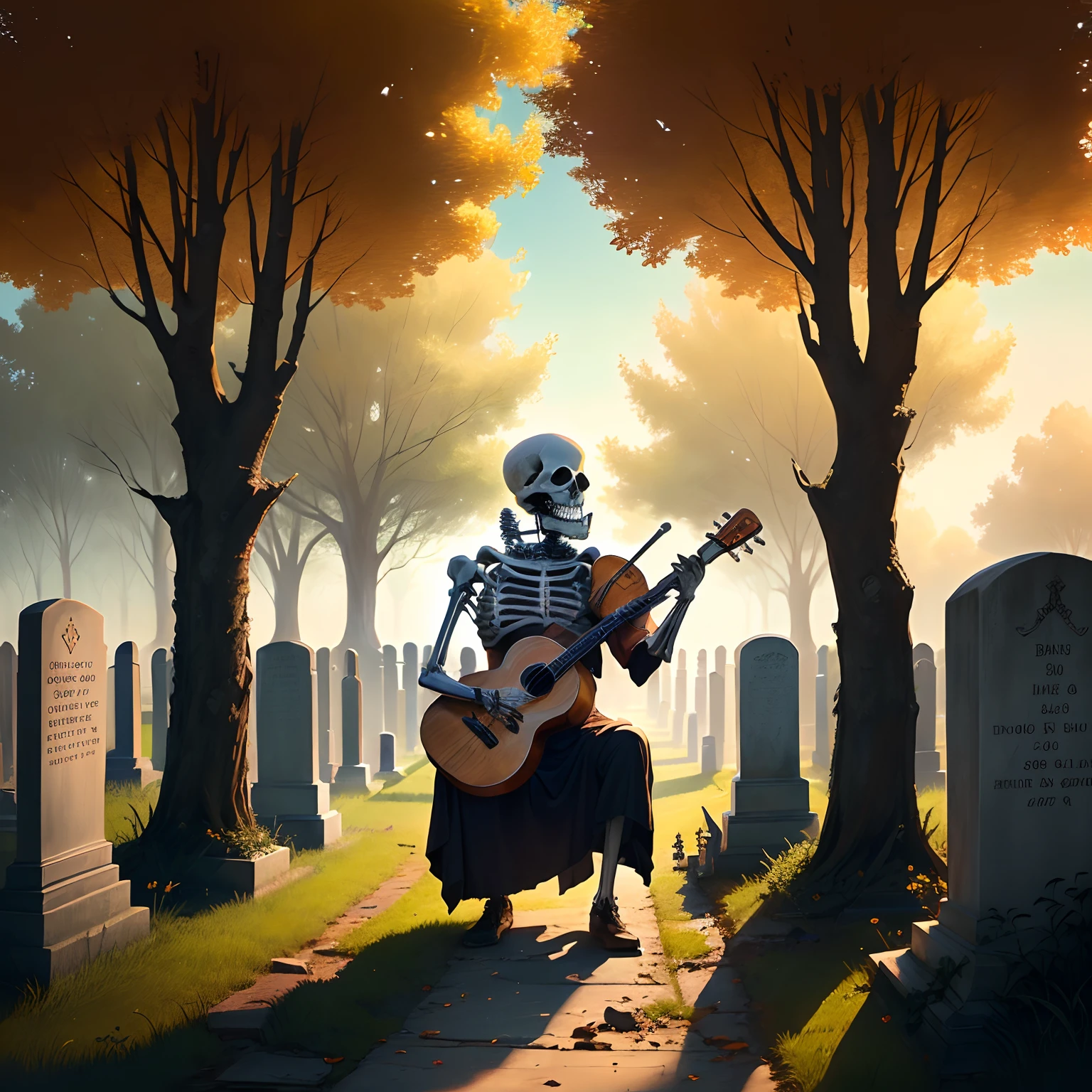 A skeleton bard playing the lute in the cemetery. Dark fantasy.