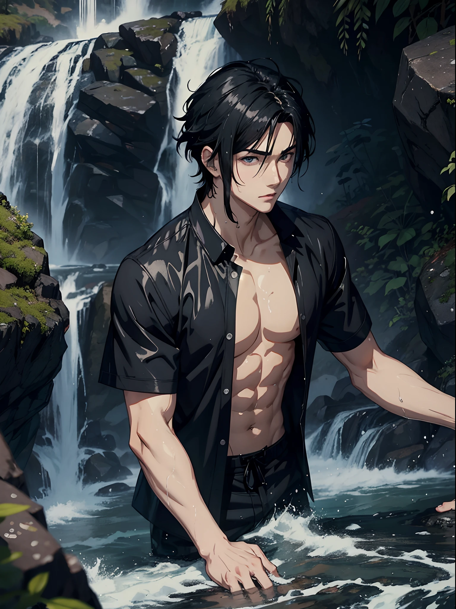 anime handsome man with black hair, staying in a waterfall, wet hair and wet clothes