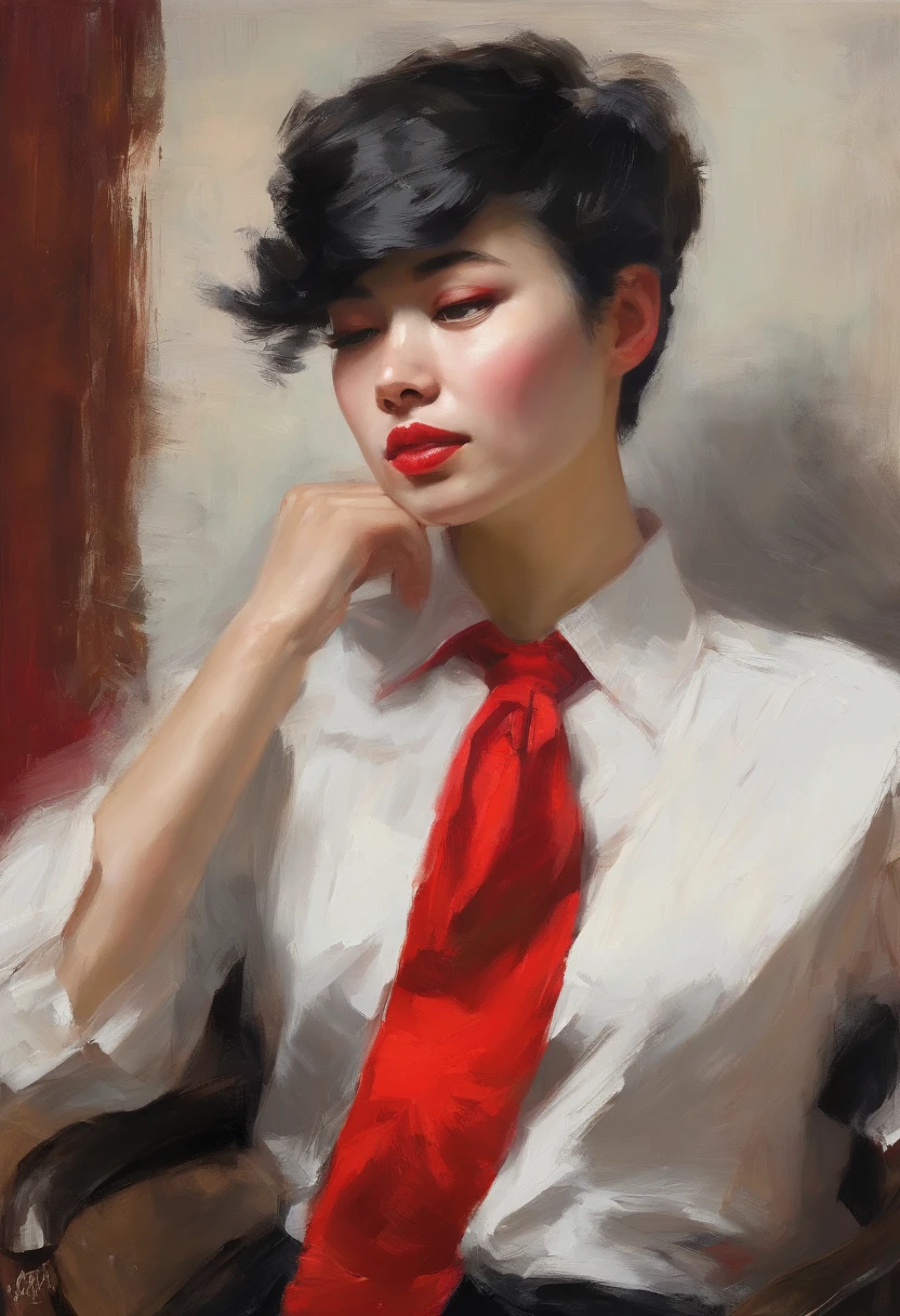 (Red shirt, black necktie), Short Hair Hair, black hair, very detail, ((tmasterpiece, great quality)), a 1girl, 独奏, close up face, bust,