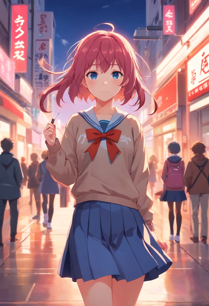 A cute-faced girl resembling Sayori from DDLC with pink medium-length hair that has short bangs falling between her blue eyes. She's dressed in a Japanese school uniform featuring a light brown jacket, an orange knitted sweater underneath, and a white shirt beneath the sweater. Complementing her attire is a blue uniform skirt, large white socks, and a red headpin. A distinct red ribbon adorns her head.