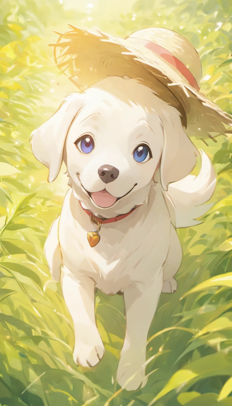 Ultra HD 3D mostra cena comovente do Labrador retriever branco. White Labrador Dog, Beautiful rendering details. The overall atmosphere is mild, Full of hope and tranquility. fundo branco, Wearing a straw hat