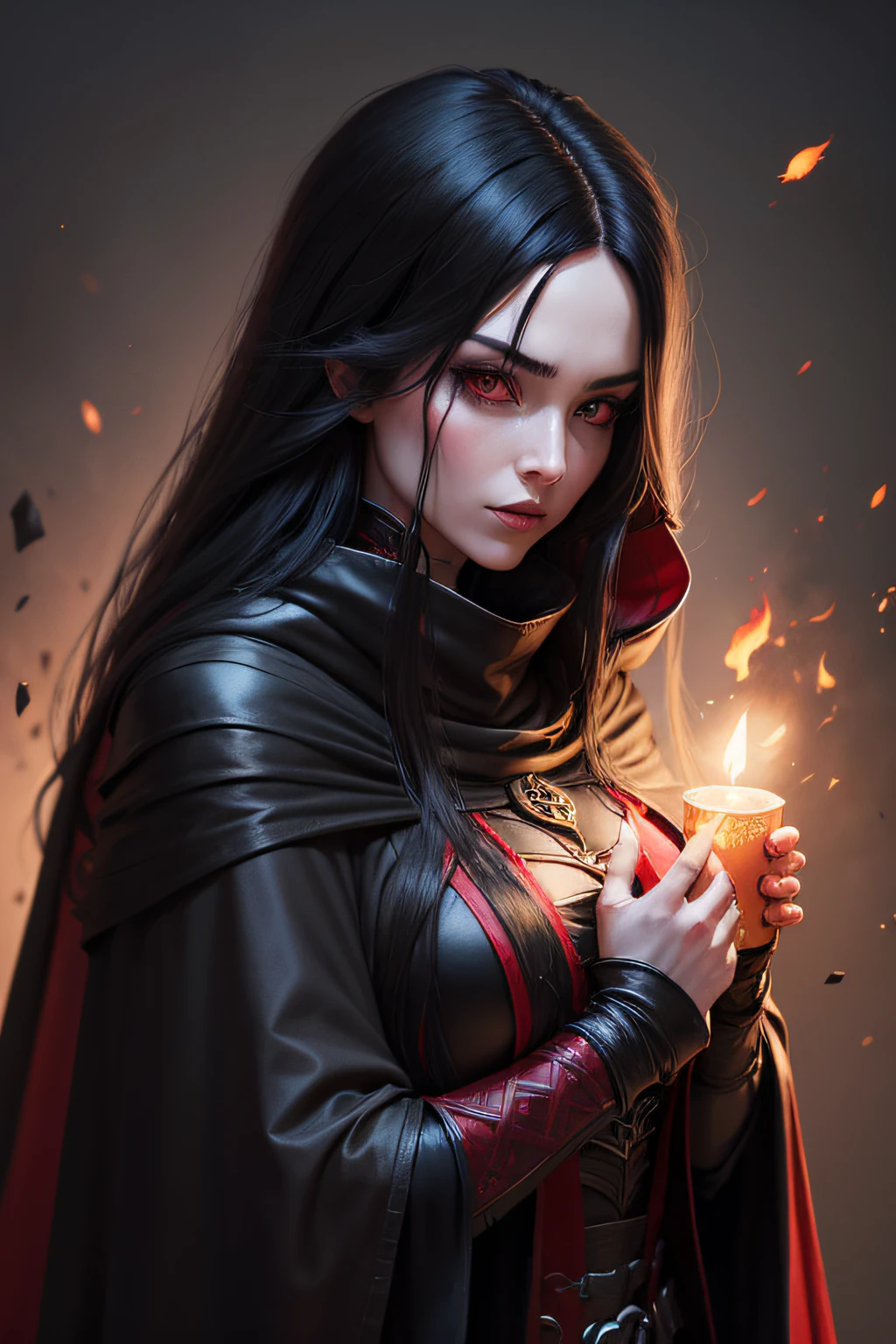 dark female evil lord with long black hair, black and red cloak