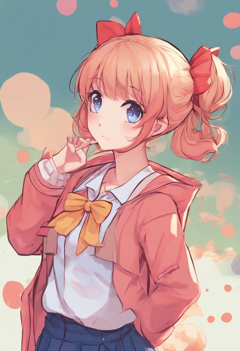 A cute-faced girl resembling Sayori from DDLC with pink medium-length hair that has short bangs falling between her blue eyes. She's dressed in a Japanese school uniform featuring a light brown jacket, an orange knitted sweater underneath, and a white shirt beneath the sweater. Complementing her attire is a blue uniform skirt, large white socks, and a red headpin. A distinct red ribbon adorns her head.