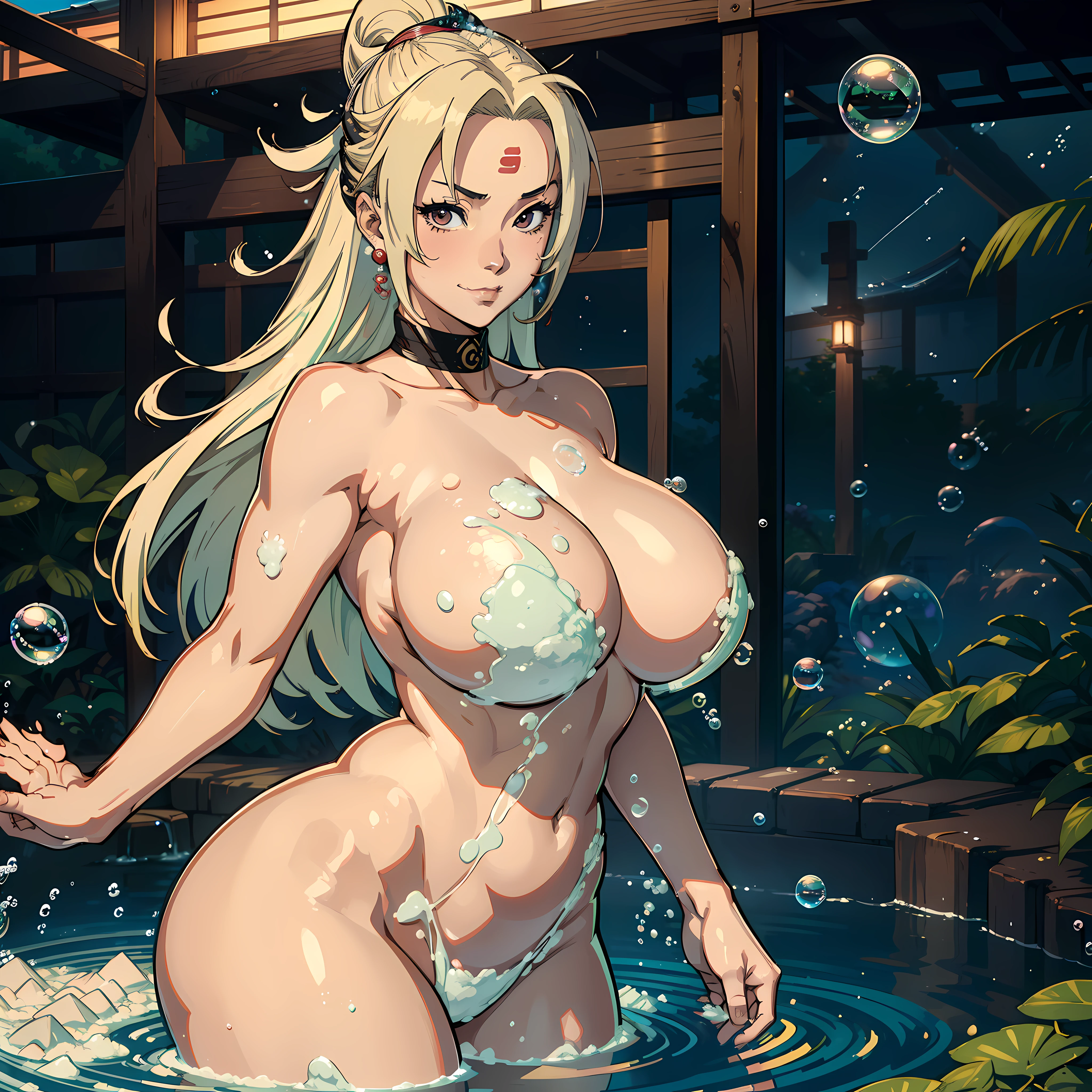 ((Tsunade)),(big hishigata on the forehead),((mature face)),,((thick body)),((Solo)),(Enticing smiles),((complete naked)),(((soap bubbles cover whole body))), A MILF,in onsen, trending on artstationh, intricate face details,(Curvy physique), vibrant, 4K, 12k resolution,