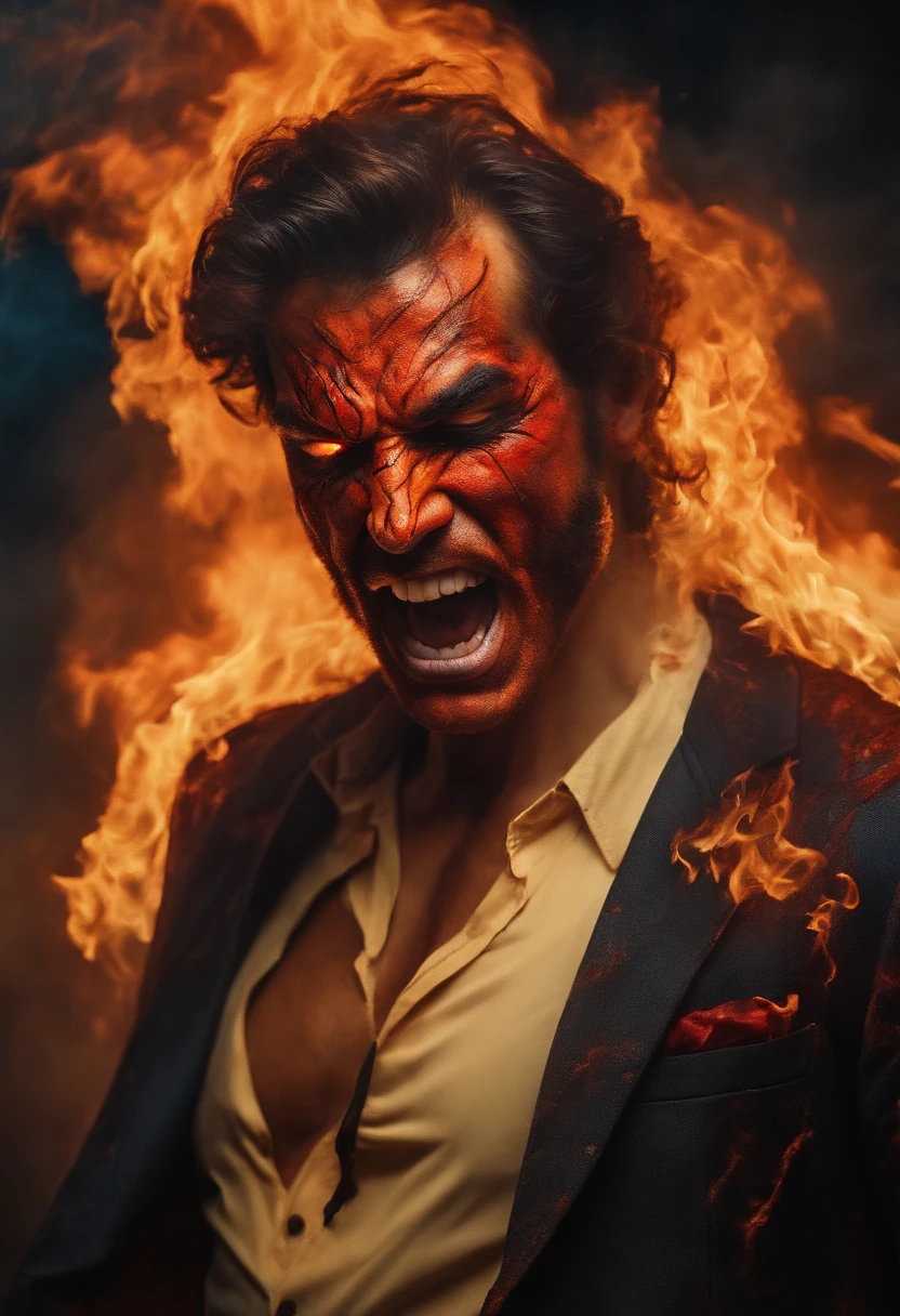 Scrambled man with fiery face and burning mouth