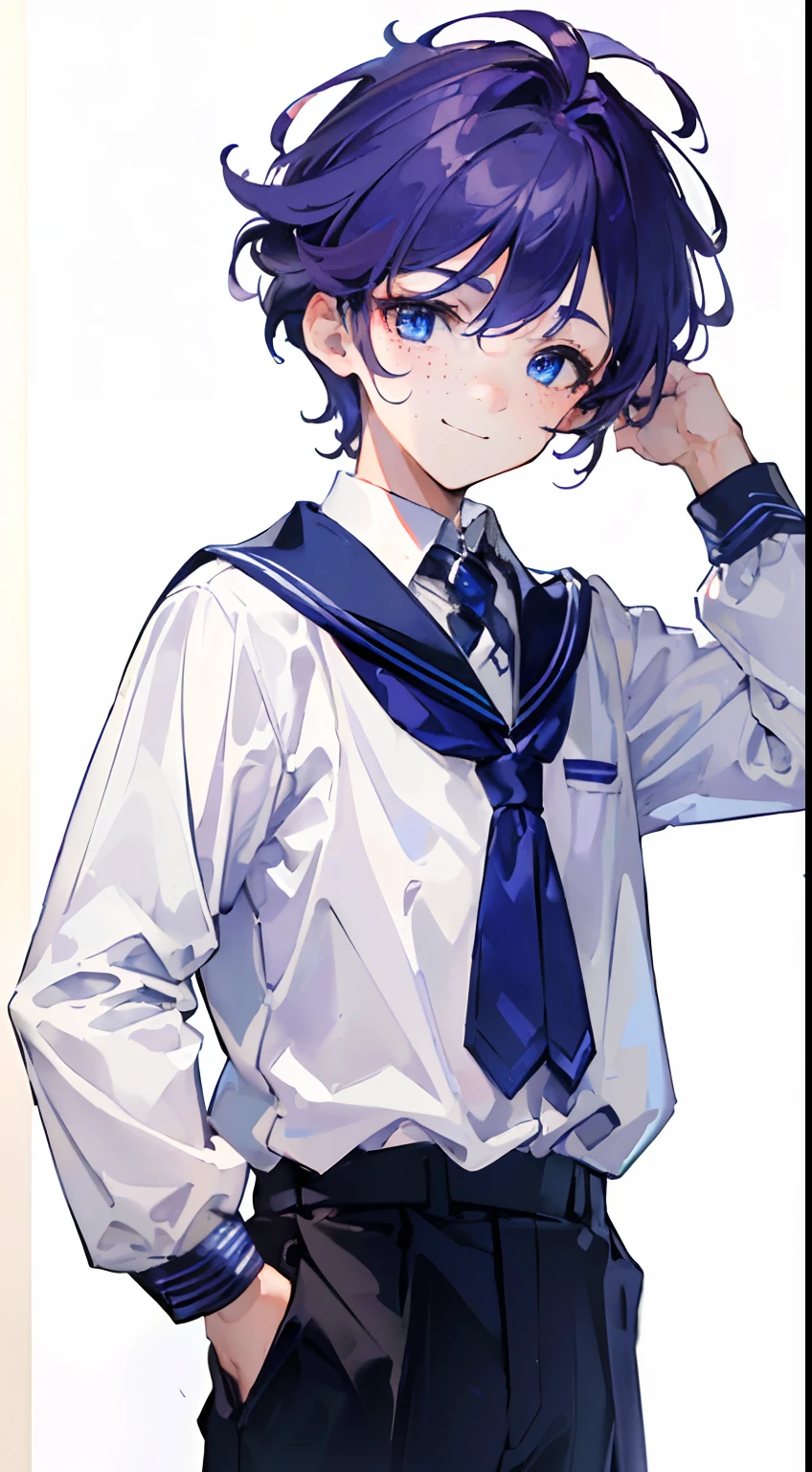 (((masterpiece, best-quality))), ((8k, beast face :1.3)), (1 boy 8 years old :1.3), (simples background), purple hair, blue eyes, full body, (school clothes, black and white), soft light, colorful art, (boy face, boy body :1.3), smiling, (freckles on cheeks 1.2)