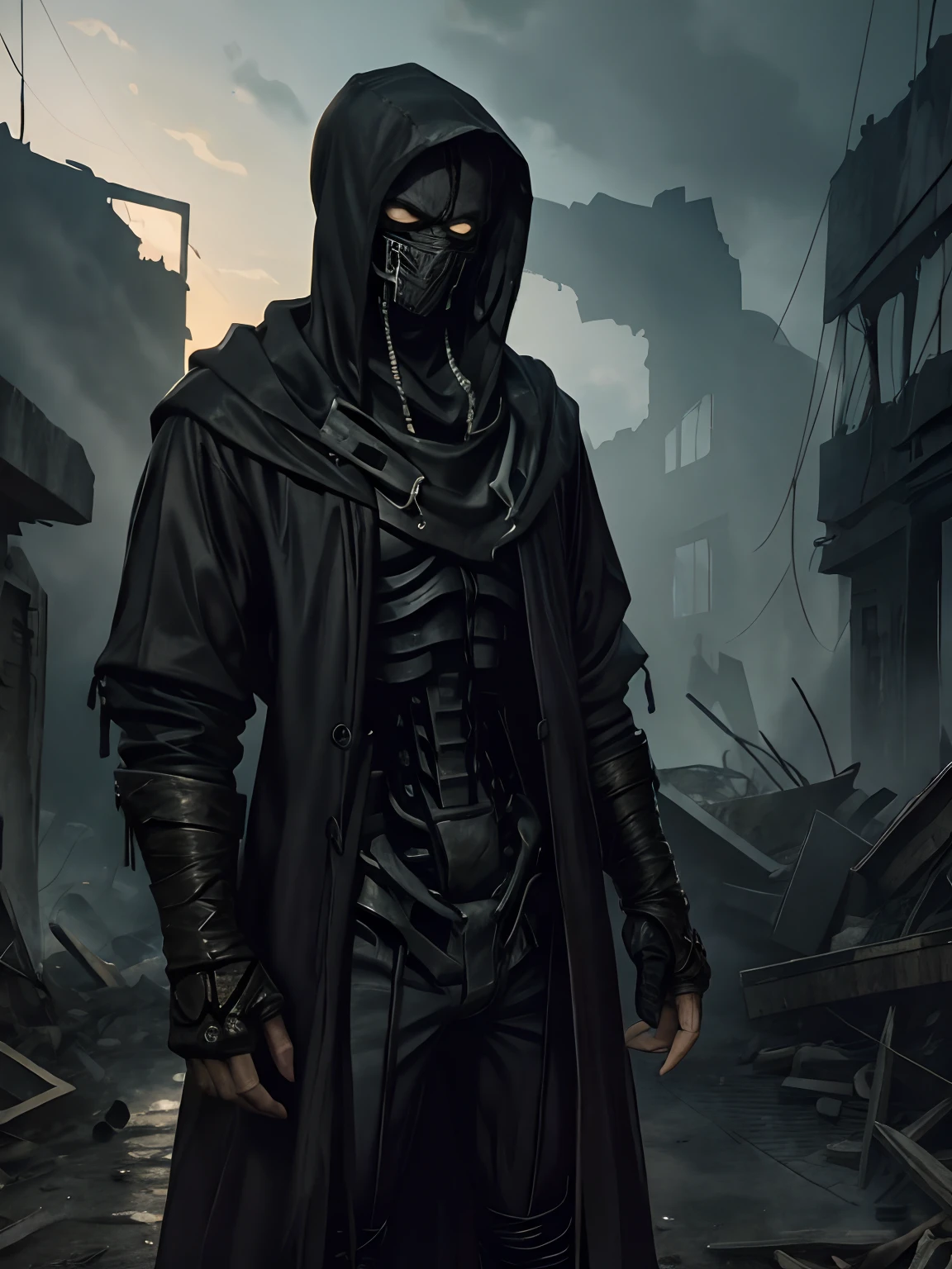 A man in a black raincoat on the background of a ruined city. A man has a skeleton instead of a body, He wears a black half face mask and hood, Of the human, he has only eyes and the skin around his eyes