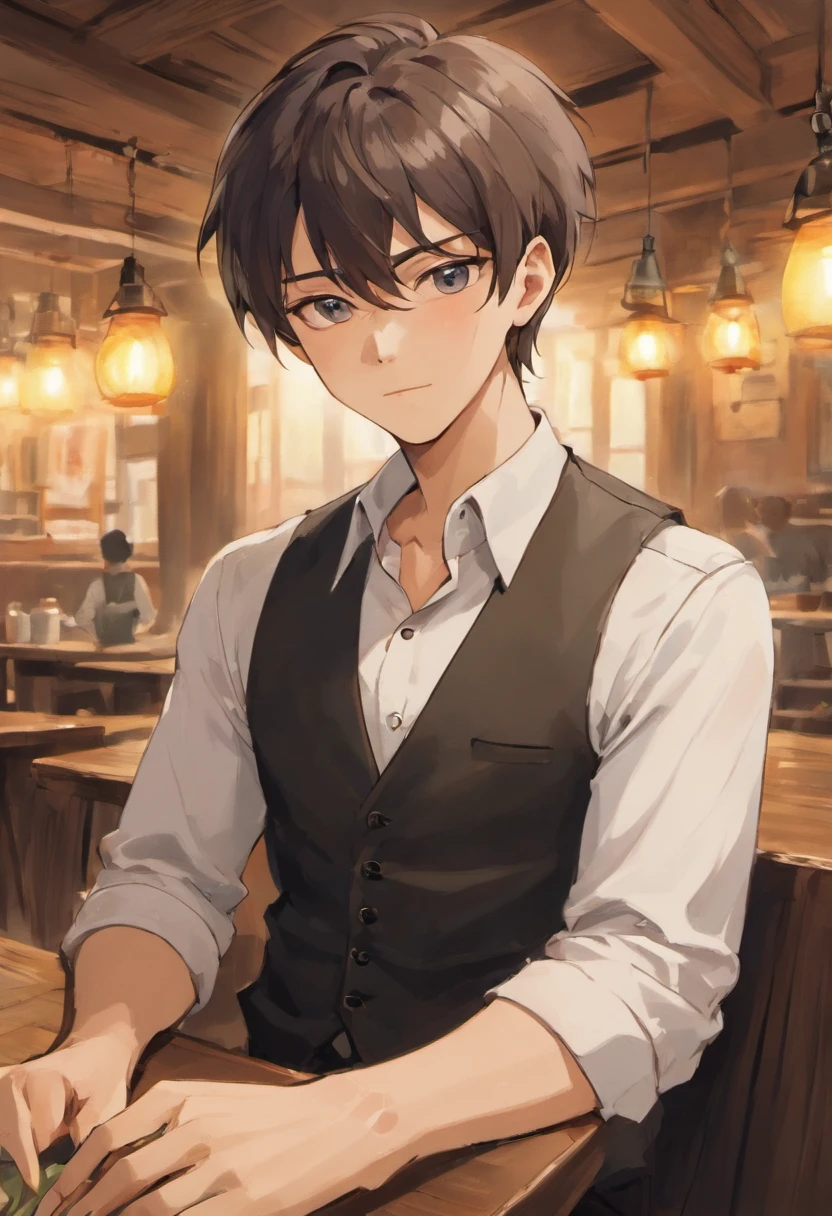 Café in multiverse boasts a cozy, welcoming interior with warm, earthy tones. Wooden tables and chairs create a rustic atmosphere, while soft, bright lighting enhances the serene environment. The walls feature paintings depicting scenes of unity and diversity, inspiring hope and camaraderie among the cafe's diverse clientele. People with costumes sitting on chairs, Sato Kurogane a man with a masculine and chiseled face, standing in the room, a mature and serene figure, possesses an air of wisdom. With silver-streaked ebony hair cascading to his shoulders, he has deep, compassionate eyes that hold the weight of a century. His attire is simple and elegant, a white shirt paired with a black vest, exuding an aura of tranquility.