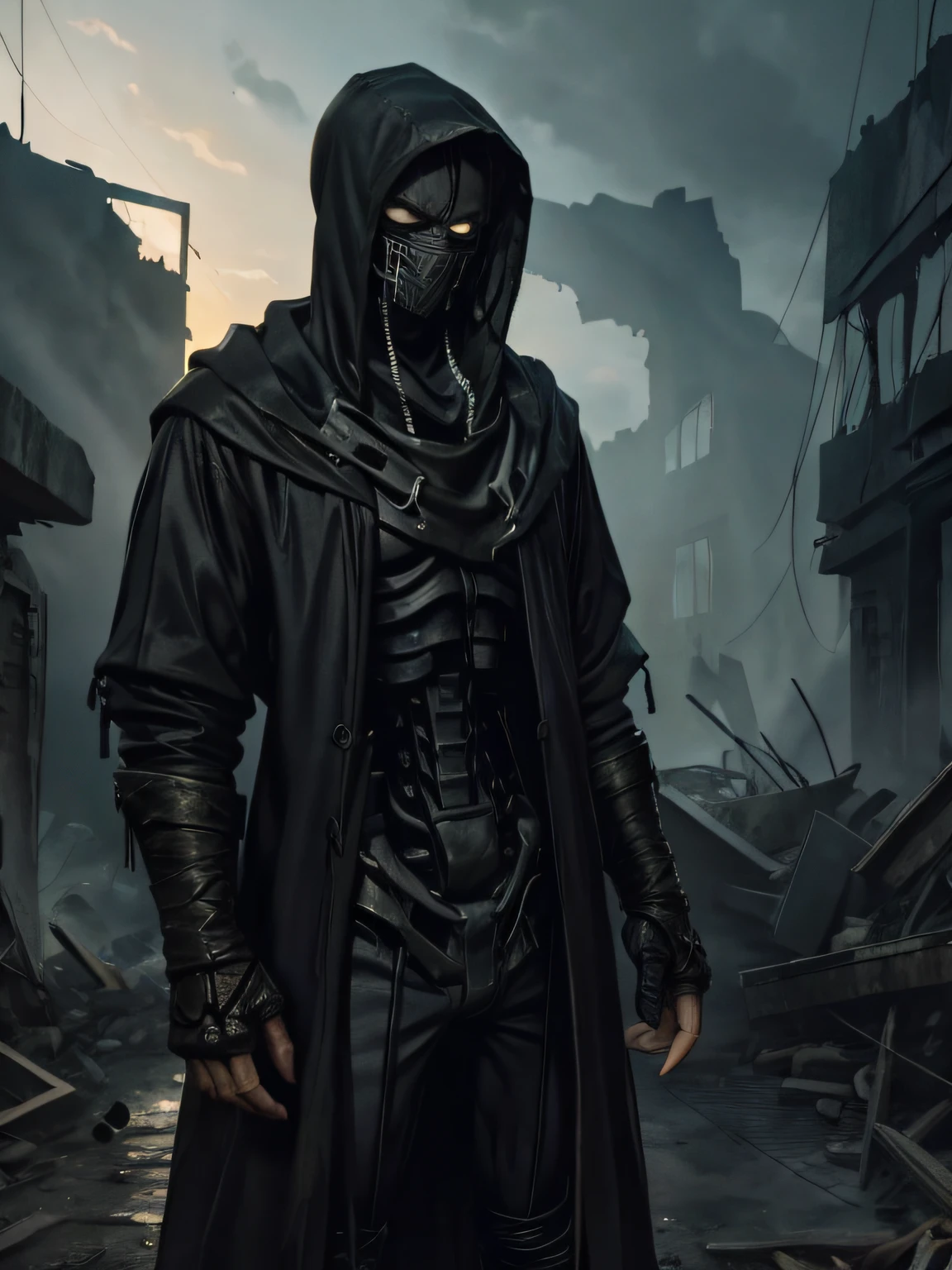 A man in a black raincoat on the background of a ruined city. A man has a skeleton instead of a body, He wears a black half face mask and hood, Of the human, he has only eyes and the skin around his eyes