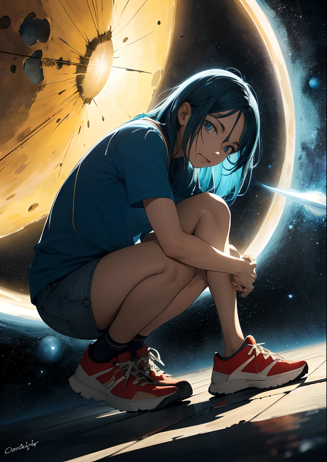 Garota de cabelo azul, olhos azuis, heterocromia ocular, casaco amarelo, red sneakers, sad appearance, olhos chorando, flores e folhas, verdes, pintura expressionismo abstrato, negrito matizes, impacto emocional, atmospheric depth, abordagem minimalista BREAK , space exploration, corpos celestes, astronomical phenomena, scientific discoveries, maravilhas do outro mundo