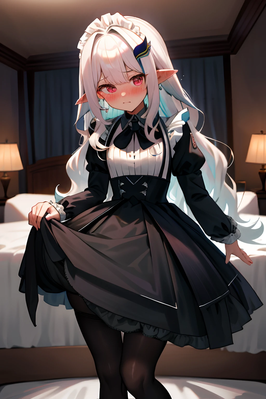 One girl with long wavy hair, white hair, looking at viewer, embarrassed, blushing, tears, indoor , maid dress, black maid dress, puff long sleeves, mini skirt, thigh, pointy ears, perfect waist, bed, night atmosphere, hair ornament, standing, pantyhose, skirt lift, panties, black panties