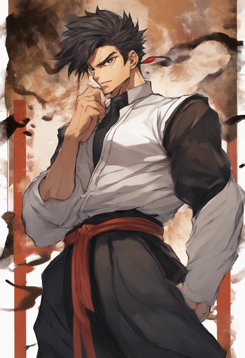 Mugen Café boasts a cozy, welcoming interior with warm, earthy tones. Wooden tables and chairs create a rustic atmosphere, while soft, bright lighting enhances the serene environment. The walls feature paintings depicting scenes of unity and diversity, inspiring hope and camaraderie among the cafe's diverse clientele. People with costumes sitting on chairs, Sato Kurogane a man with a masculine and chiseled face, standing in the room, a mature and serene figure, possesses an air of wisdom. With silver-streaked ebony hair cascading to his shoulders, he has deep, compassionate eyes that hold the weight of a century. His attire is simple and elegant, a white shirt paired with a black vest, exuding an aura of tranquility.