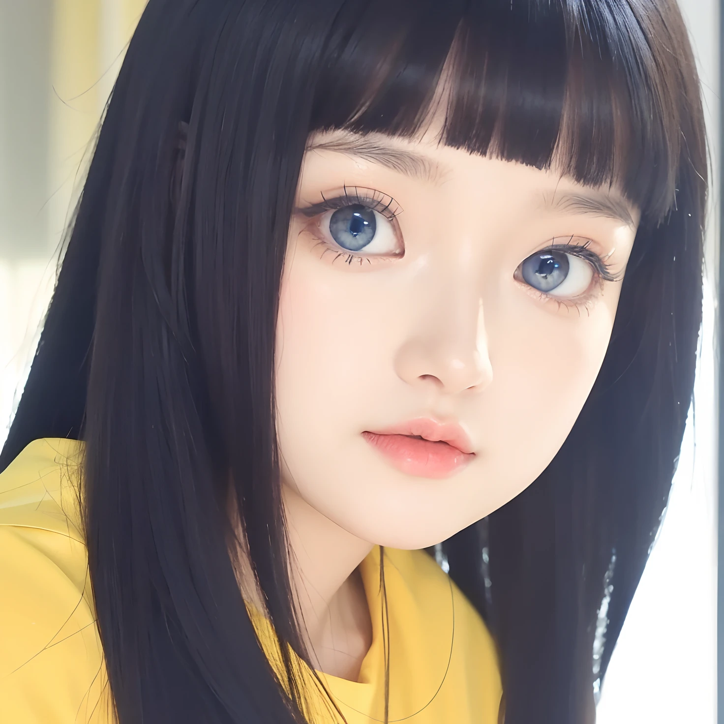 A girl with long hair, blue eyes, yellow dress and orange, Korean face, realistic light, realistic shadows
