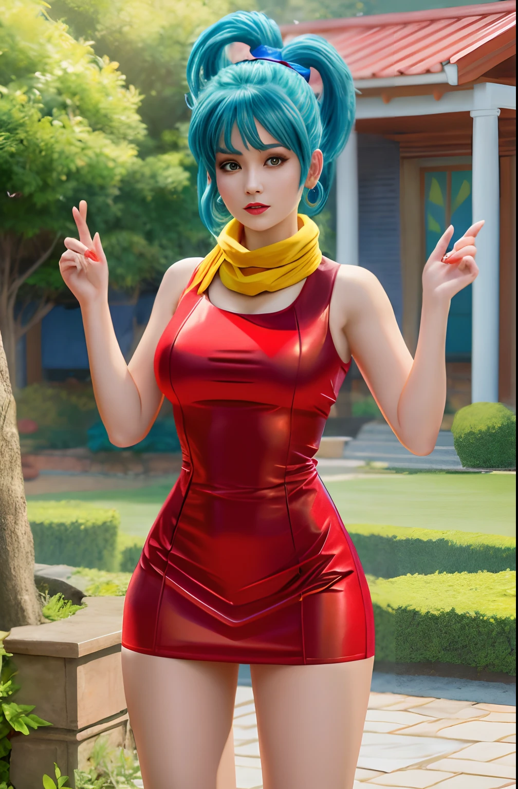 best quality, masterpiece, 8K, Bulma from dbz in a red dress blue short hair and yellow scarf, garden background