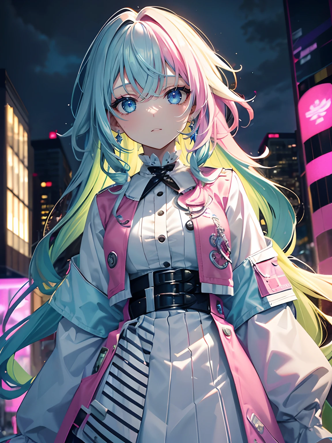 (masterpiece,best quality,ultra-detailed),1girl,medium long hair,curly hair,messy hairstyle,pink and blue and green and yellow hair,vibrant color hair,white rock punk outfit,white jacket,beautiful and detailed face, detailed eyes,in a city,cloudy, night,(grey theme),looking at viewer