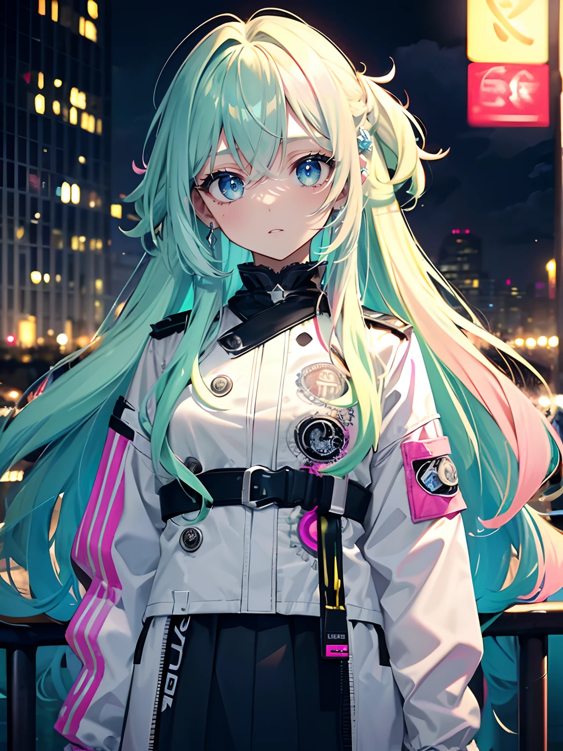 (masterpiece,best quality,ultra-detailed),1girl,medium long hair,curly hair,messy hairstyle,pink and blue and green and yellow hair,vibrant color hair,white rock punk outfit,white jacket,beautiful and detailed face, detailed eyes,in a city,cloudy, night,(grey theme),looking at viewer