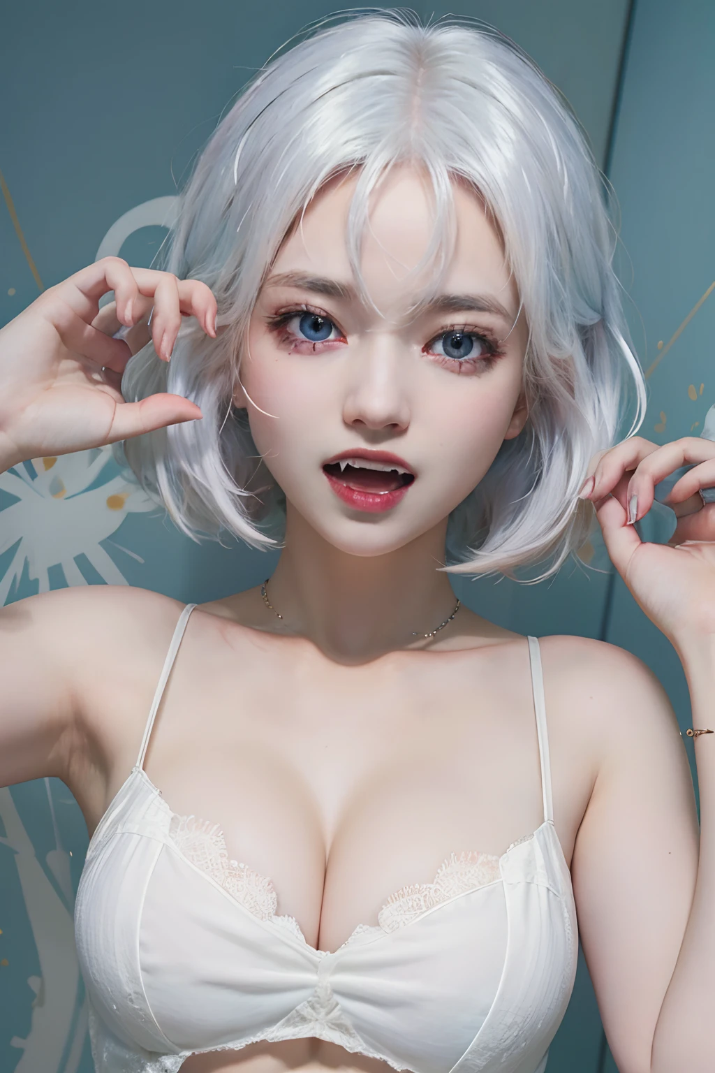 (masterpiece:1.3),(best quality:1.2),8k,absurdres,unity 8k wallpapper,(extremely detailed:1.3),highestres,
1girl,fangs,cute,white hair,upper body,