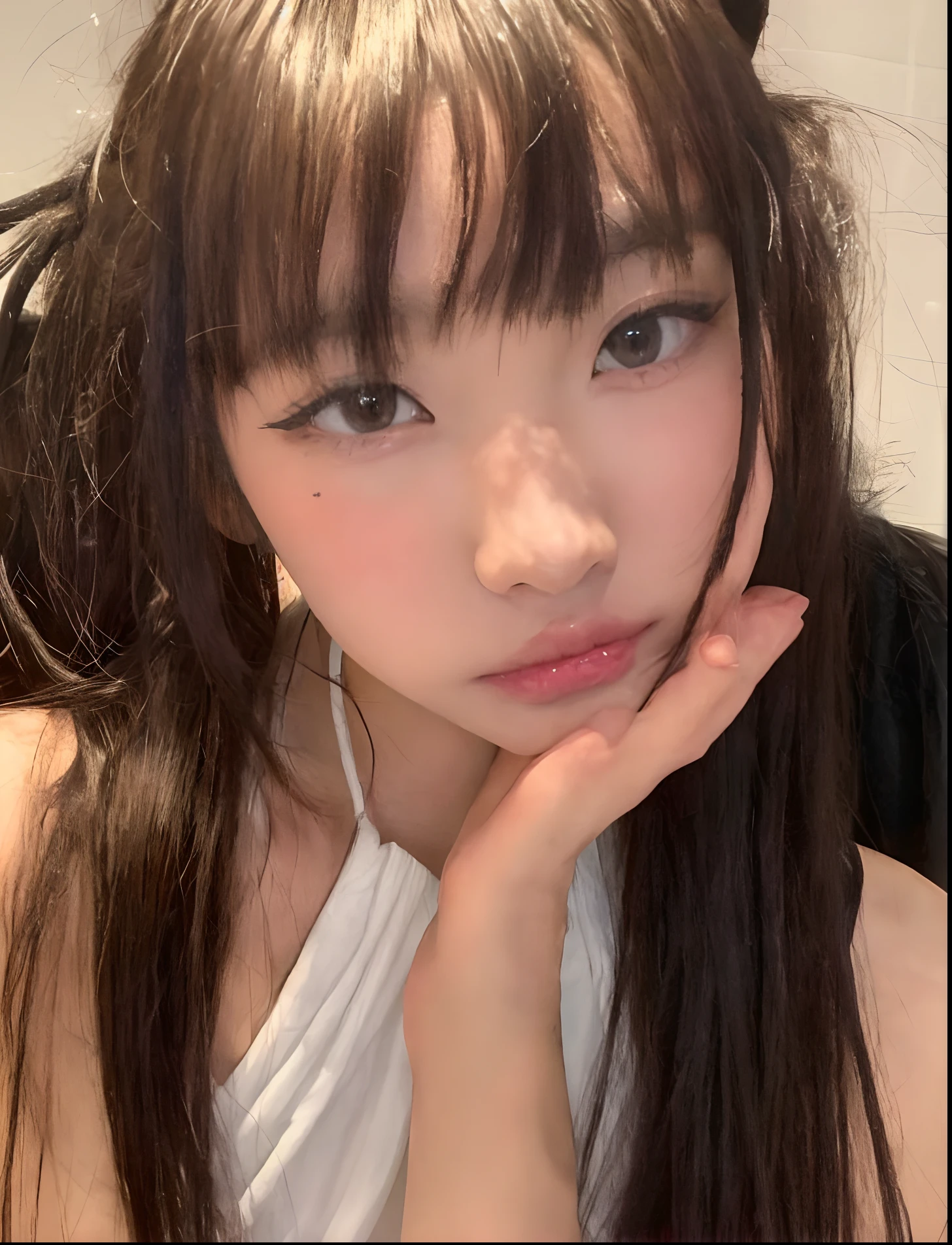 ridiculous, 1 girl, starry eyes, blush, (reality:1.5), (masterpiece, extremely detailed CG Unity 8k wallpaper, best quality, high resolution: 1.2), (ultra_detailed, UHD:1.2), (pixels:1.erfect lighting, unique, (beautiful girl:1.2), looking at the audience, unreal engine, side light, perfect face, detailed face, beautiful eyes, pretty face, (bright skin: 1.3), idol, (abs), ulzzang-6500-v1.1, soft smile, upper body, (crimson hair), ( background), ((dark background)), (depth of field), close-up, selfie