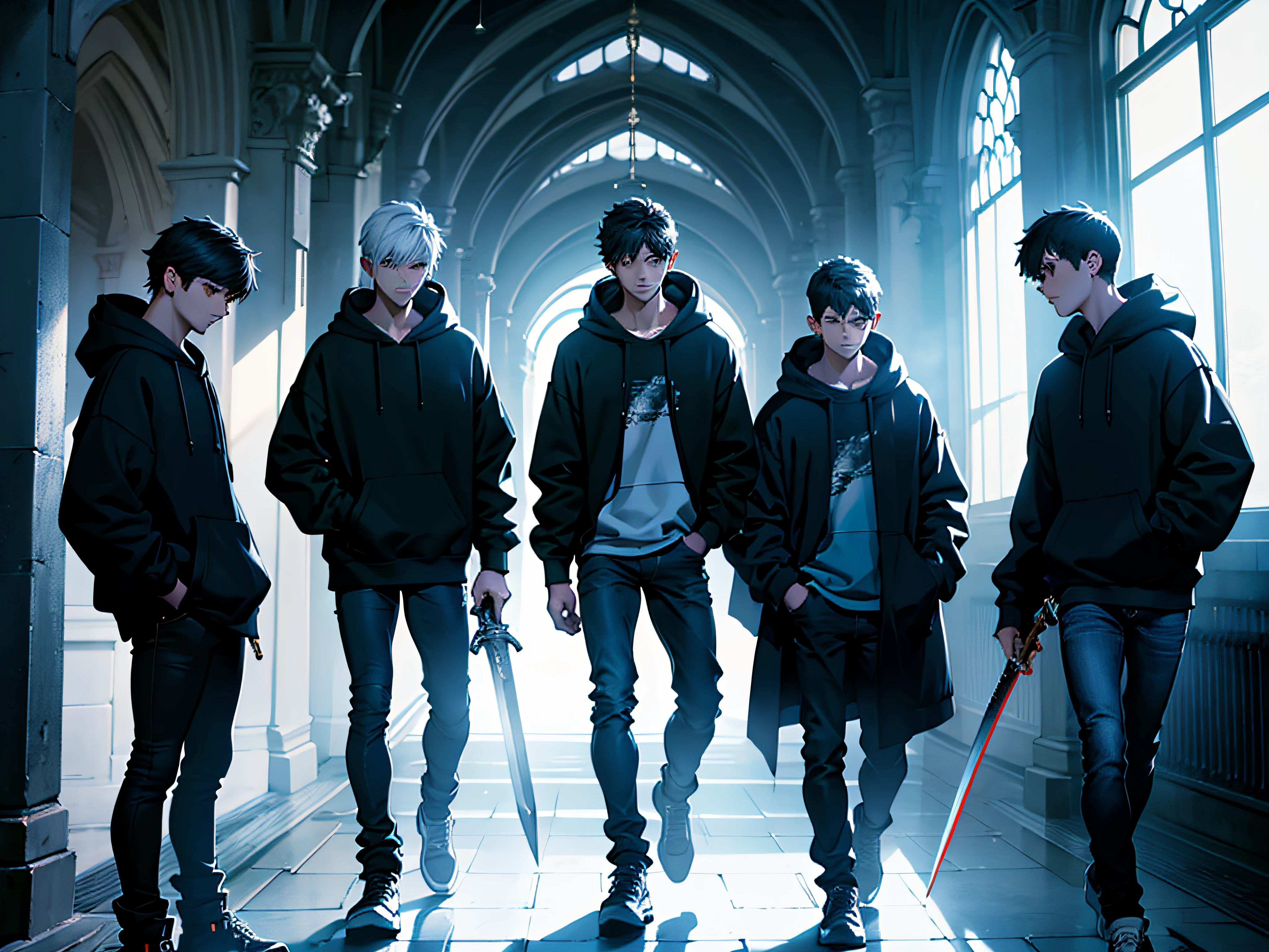5 boys, skinny posture, all wearing hoodie, wearing black jeans, holding sword, holding bow, holding polesword, holding greatsword, holding magic book, dark vibe, walking straight, high res, ultra sharp, 8K, masterpiece