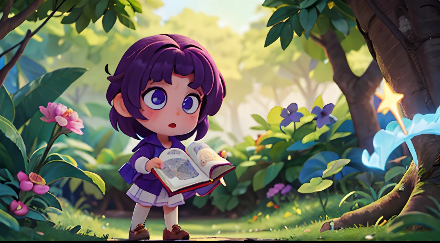 Crie uma capa de um livro: pequena elfa, Seus olhos curiosos brilhavam como estrelas, orelhas pontudas e alongadas , roupa de exploradora, cabelos roxo ate o ombro, do lado externo esquerdo do seu corpo uma trilha misteriosa para floresta.