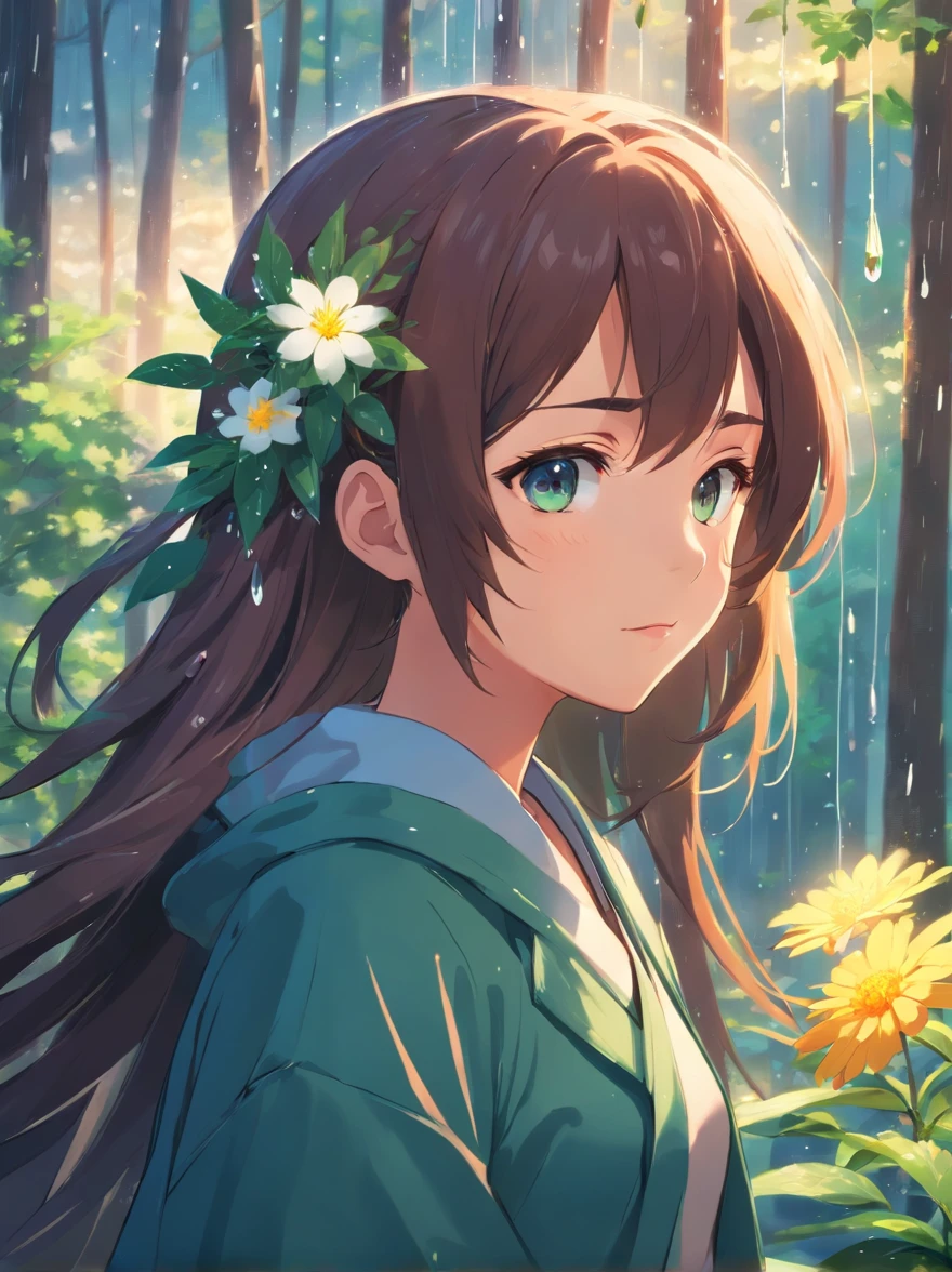 anime girl with long hair and flower in her hair, Beautiful anime artwork, style of anime4 K, Anime art wallpaper 4k,Rainy days，janelas，the woods，Rain drops