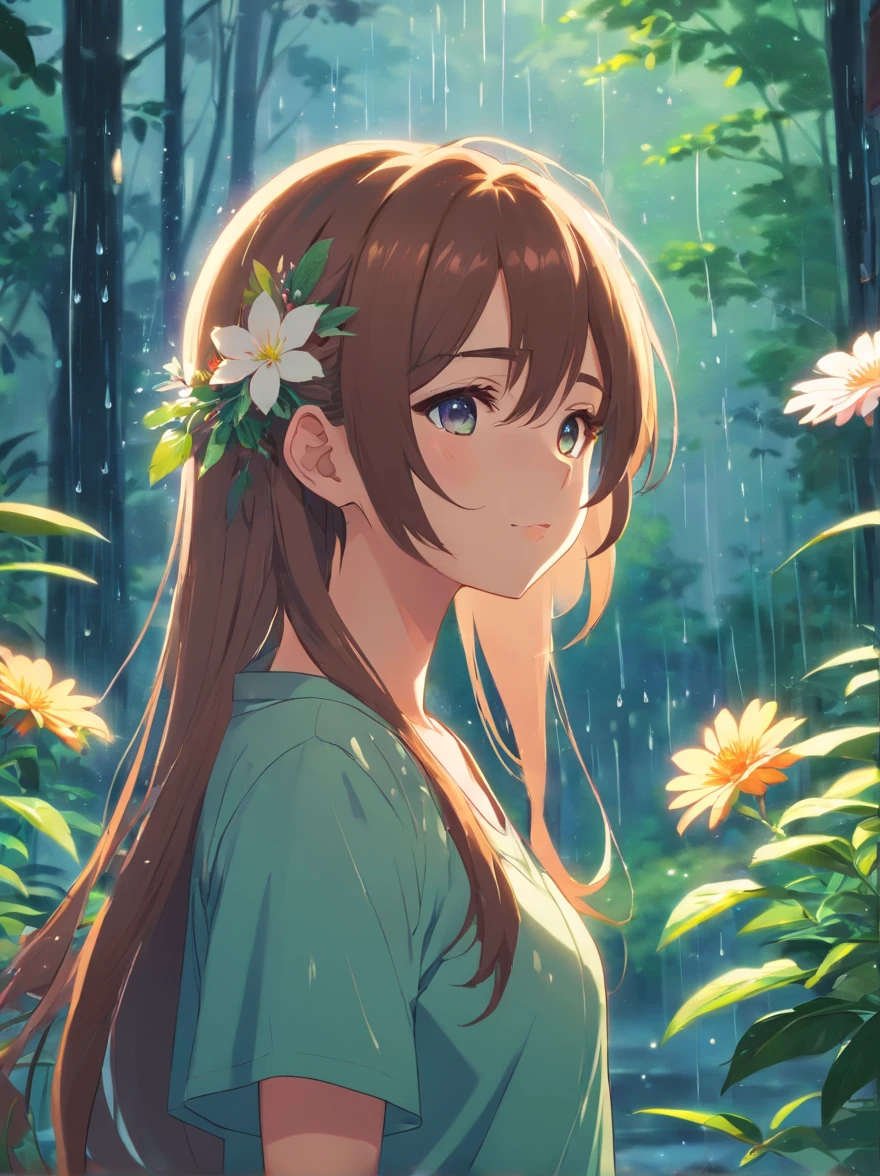 anime girl with long hair and flower in her hair, Beautiful anime artwork, style of anime4 K, Anime art wallpaper 4k,Rainy days，janelas，the woods，Rain drops