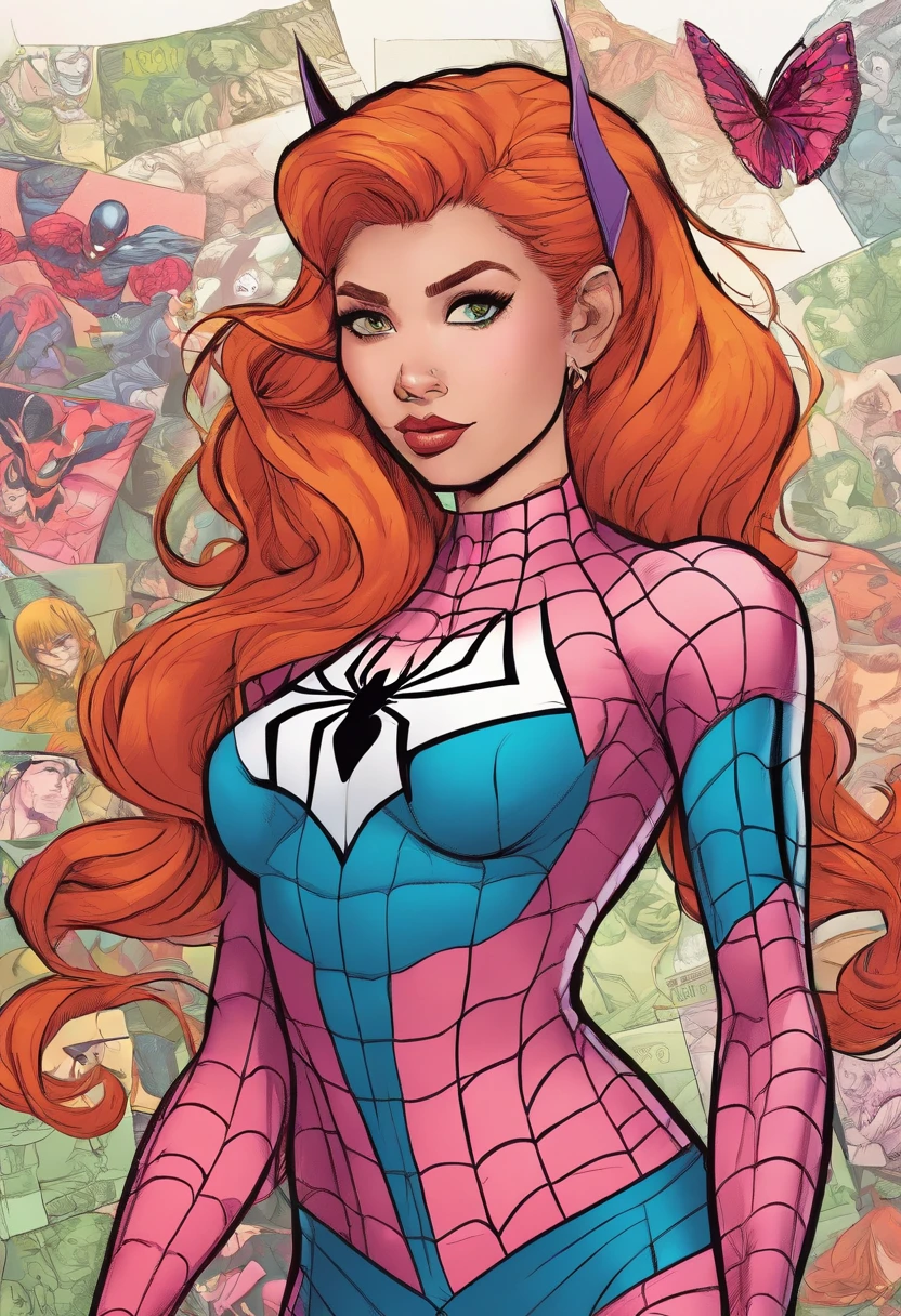 marvel comics style, marvel, superhero, skinny girl, orange hair, plump lips, pastel purple and pastel pink colours of outfit, spiderman, long hair with two tails on top of her head, green eyes. big butterfly on chest with scull. has scar on her cheek. Make it in Marvel art style.