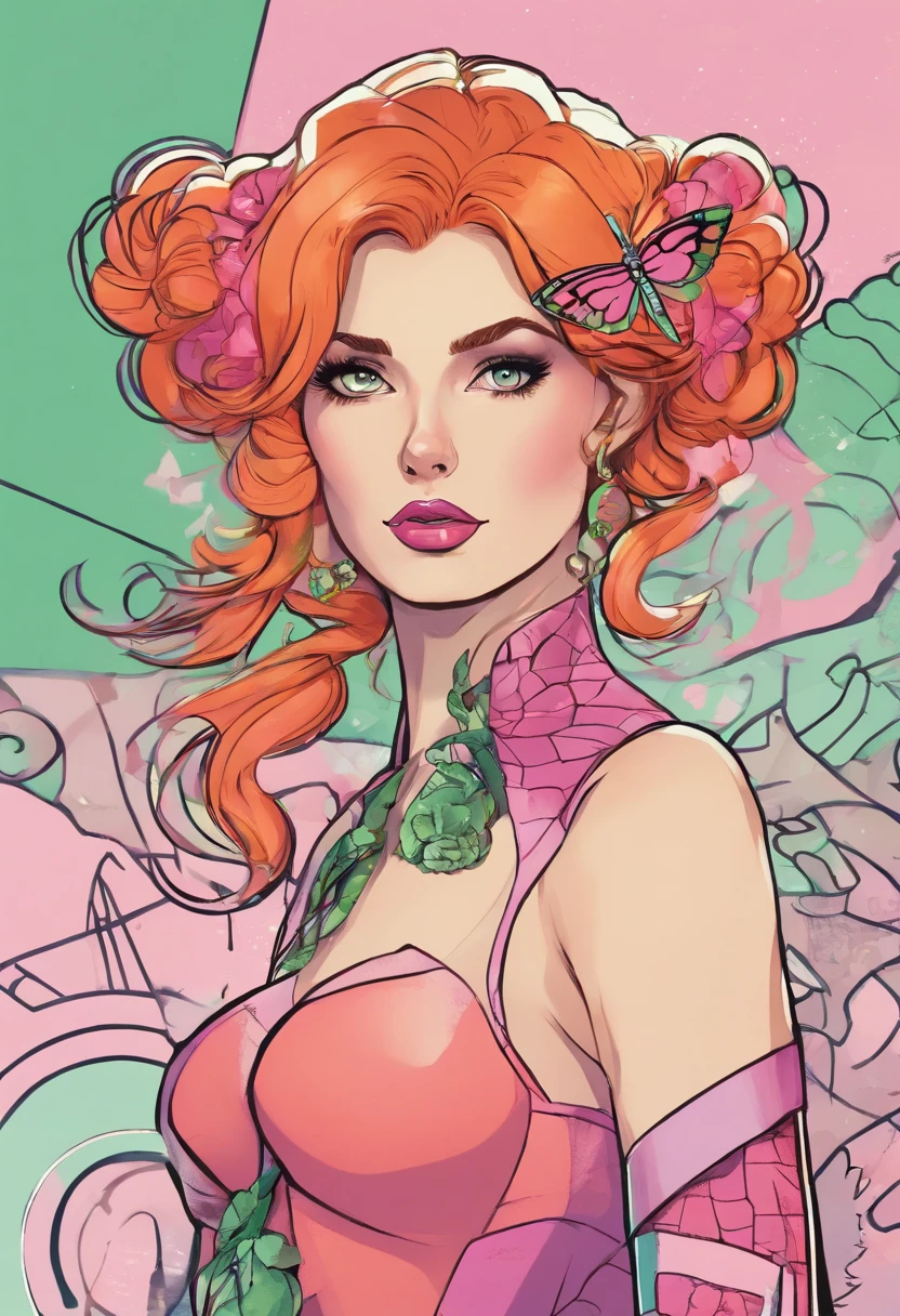 marvel comics style, marvel, superhero, skinny girl, orange hair, plump lips, pastel purple and pastel pink colours of outfit, spiderman, long hair with two tails on top of her head, green eyes. big butterfly on chest with scull. has scar on her cheek. Make it in Marvel art style.