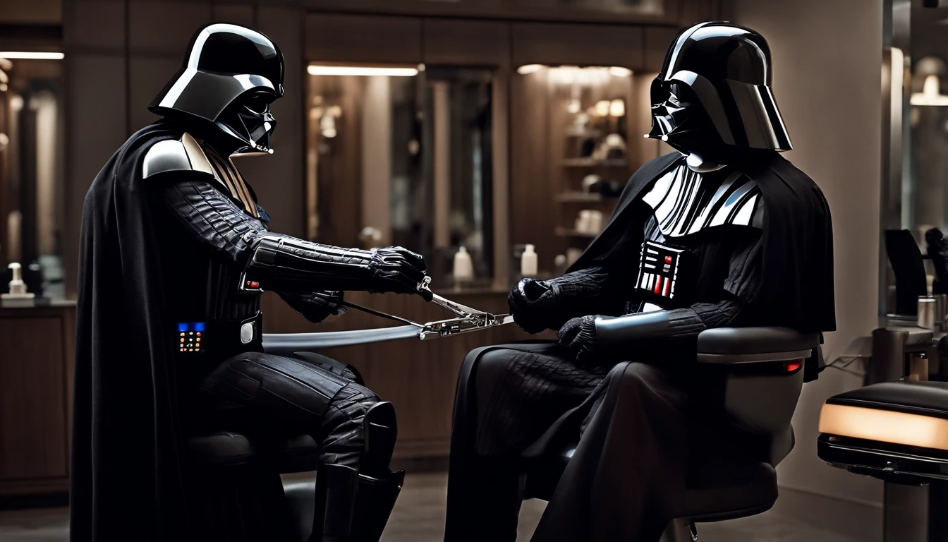 "(Darth Vader cutting Chewbacca's hair at a hair salon) With incredible detail, qualidade excepcional, unique atmosphere, lighting dramatic, Sombras realistas, striking expressions, Atmosfera futurista, dramatic contrasts, Efeitos especiais impressionantes, atmosphere of mystery and immersive realism."