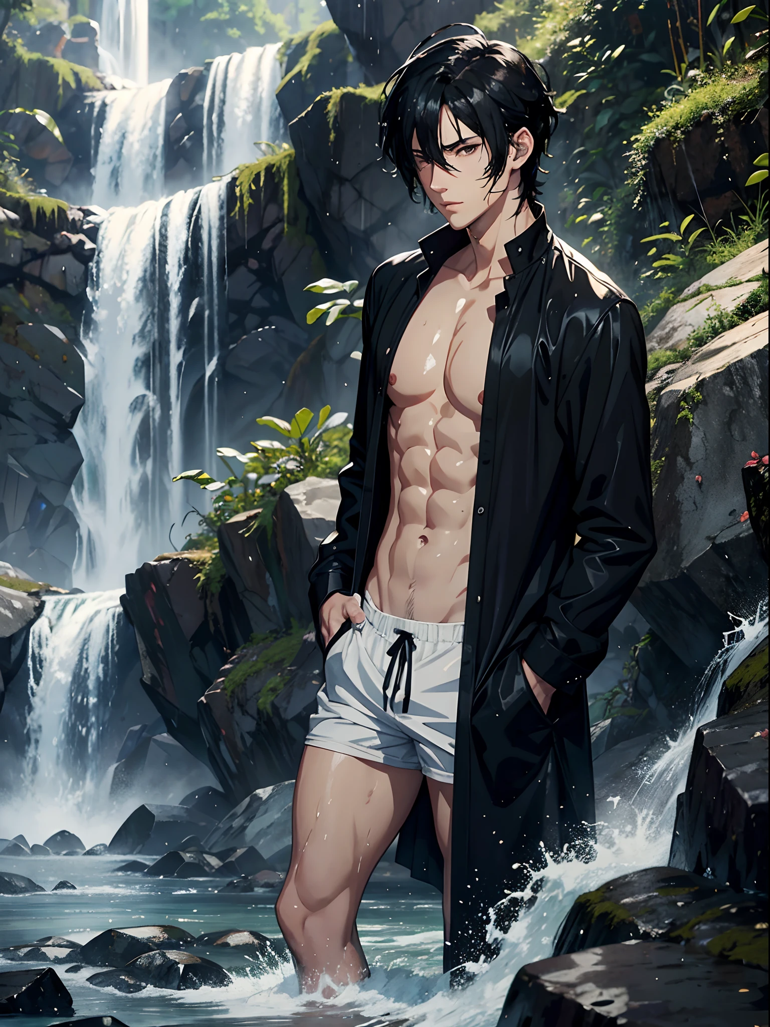 anime handsome man with black hair, in a waterfall, wet hair, steam around