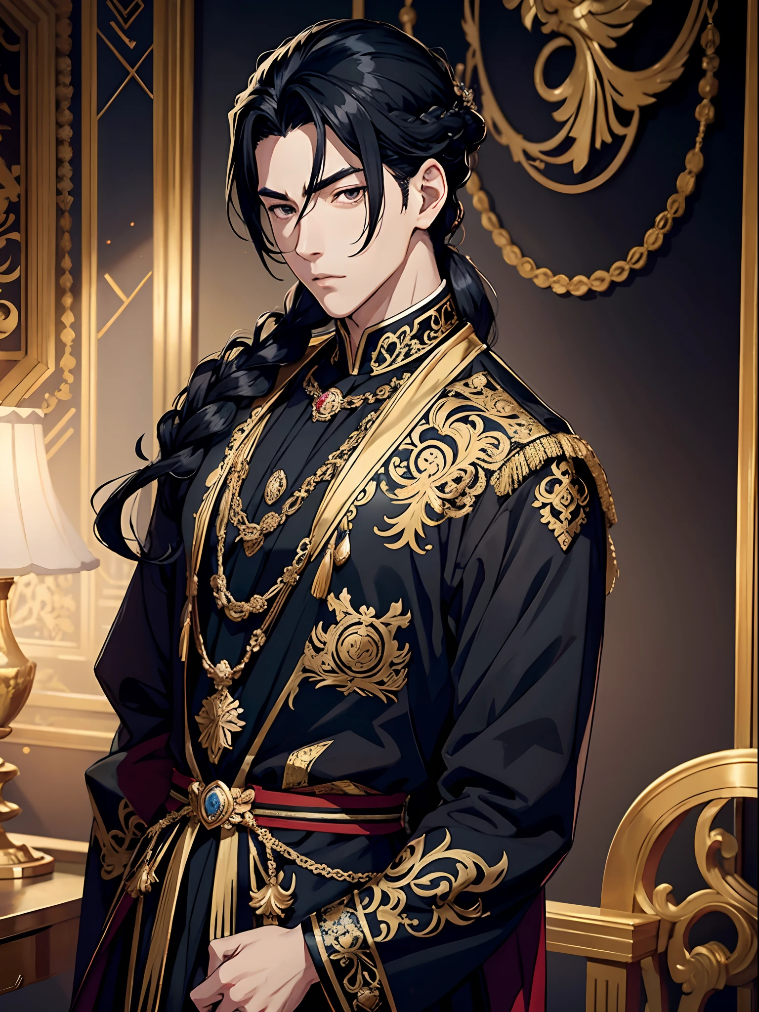 anime handsome man with black hair, emperor, intricate hairstyle, intricate clothes, pearl jewelry