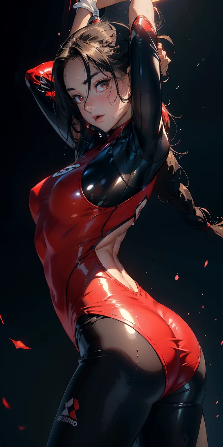 13-year-old girl, 独奏, Wearing transparent tights that fit snugly in a red bodysuit、With a thin fabric that emphasizes smiling buttocks、Super close-up looking up from below、gymnast、masterpiece, top-quality, realisitic, ultra-detailliert, (shinny skin, Sweating: 1.4), Versatile sexy poses、Long braided black hair, Brown-eyed, slender, dynamic light and shadow, hight resolution, foco nítido, depth of fields, Narrow-eyed, Sharp pupils, Realistic pupils, (breasts are small: 1.6), (Thigh thickness: 1.0),Gymnastics Stadium