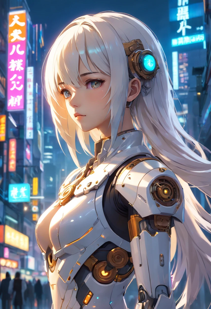 steampunk, night, a beautiful full body cyborg girl cyberpunk with a cyberpunk scape tall buildings, lots glow light bokeh, lots big glow light, long shot photography, full body, white hair, cyber mask, cyber angel, white and orange and black machine suit color combination, the sky big planet, sky galaxy, the body full of machine, realistic futuristic hologram, asian skin tone, beautiful eye, beautiful asian face, cyber ear machine, suits is solid mecha, realistic machine, sci fi scape, manipulation is a masterpiece, long hair, masterpiece, suit of steampunk, realistic sci fi building texture mecha aestethic, digital cyberpunk, looming over a city, cyber technology, realistic hair, lots of hair, white of hair, realistic metal solid texture of building, realistic neon glow, realistic neon sign, wonderful side lighting, realistic futuristic cyberpunk building, realistic girl robot cyberpunk, fog, foogy, masterpiece of detail, RAW IMAGE, depth of field, point of interes, depth of field is masterpiece, best photography composition masterpiece, natural realistic hair, rule of third masterpiece photography, natural lighting, photography masterpiece natural lighting from side, realistic skin texture, strong reflection, ( pose pinterest) masterpiece beautiful, angel wing, smooth pixel, ray of light, soft light, small breasts, mastepiece of cyber mask, masterpiece fantasy gun, carry a fantasy weapon, weapon fantasy (artstation)