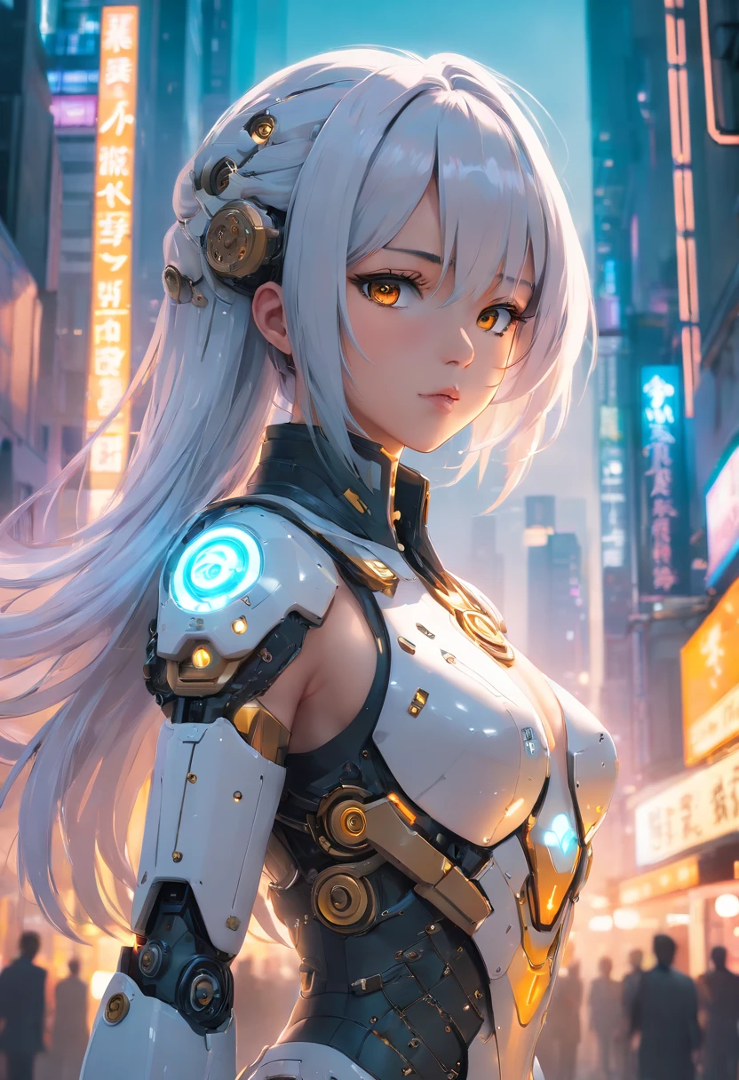 steampunk, night, a beautiful full body cyborg girl cyberpunk with a cyberpunk scape tall buildings, lots glow light bokeh, lots big glow light, long shot photography, full body, white hair, cyber mask, cyber angel, white and orange and black machine suit color combination, the sky big planet, sky galaxy, the body full of machine, realistic futuristic hologram, asian skin tone, beautiful eye, beautiful asian face, cyber ear machine, suits is solid mecha, realistic machine, sci fi scape, manipulation is a masterpiece, long hair, masterpiece, suit of steampunk, realistic sci fi building texture mecha aestethic, digital cyberpunk, looming over a city, cyber technology, realistic hair, lots of hair, white of hair, realistic metal solid texture of building, realistic neon glow, realistic neon sign, wonderful side lighting, realistic futuristic cyberpunk building, realistic girl robot cyberpunk, fog, foogy, masterpiece of detail, RAW IMAGE, depth of field, point of interes, depth of field is masterpiece, best photography composition masterpiece, natural realistic hair, rule of third masterpiece photography, natural lighting, photography masterpiece natural lighting from side, realistic skin texture, strong reflection, ( pose pinterest) masterpiece beautiful, angel wing, smooth pixel, ray of light, soft light, small breasts, mastepiece of cyber mask, masterpiece fantasy gun, carry a fantasy weapon, weapon fantasy (artstation)