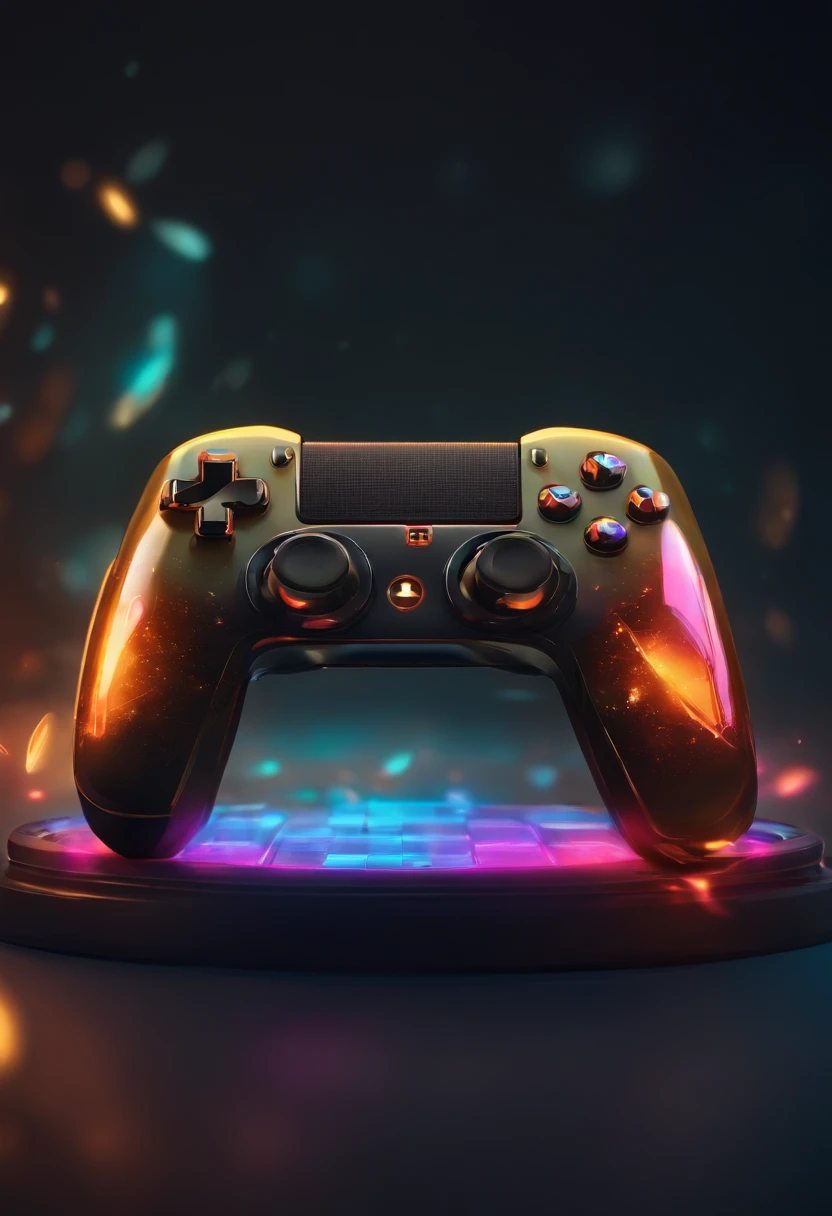 Um controlador de videogame colorido com luzes brilhantes em um fundo escuro, game icon stylized, arte digital de videogame, mobile game style, game icon, controle de videogame, arte de jogos de computador, Mobile Game, video - game, joga videogame, Jogo 2D, Jogos, 2 D arte de videogame digital, Jogos LED, gamer aesthetic, design de jogos, Design de Jogo