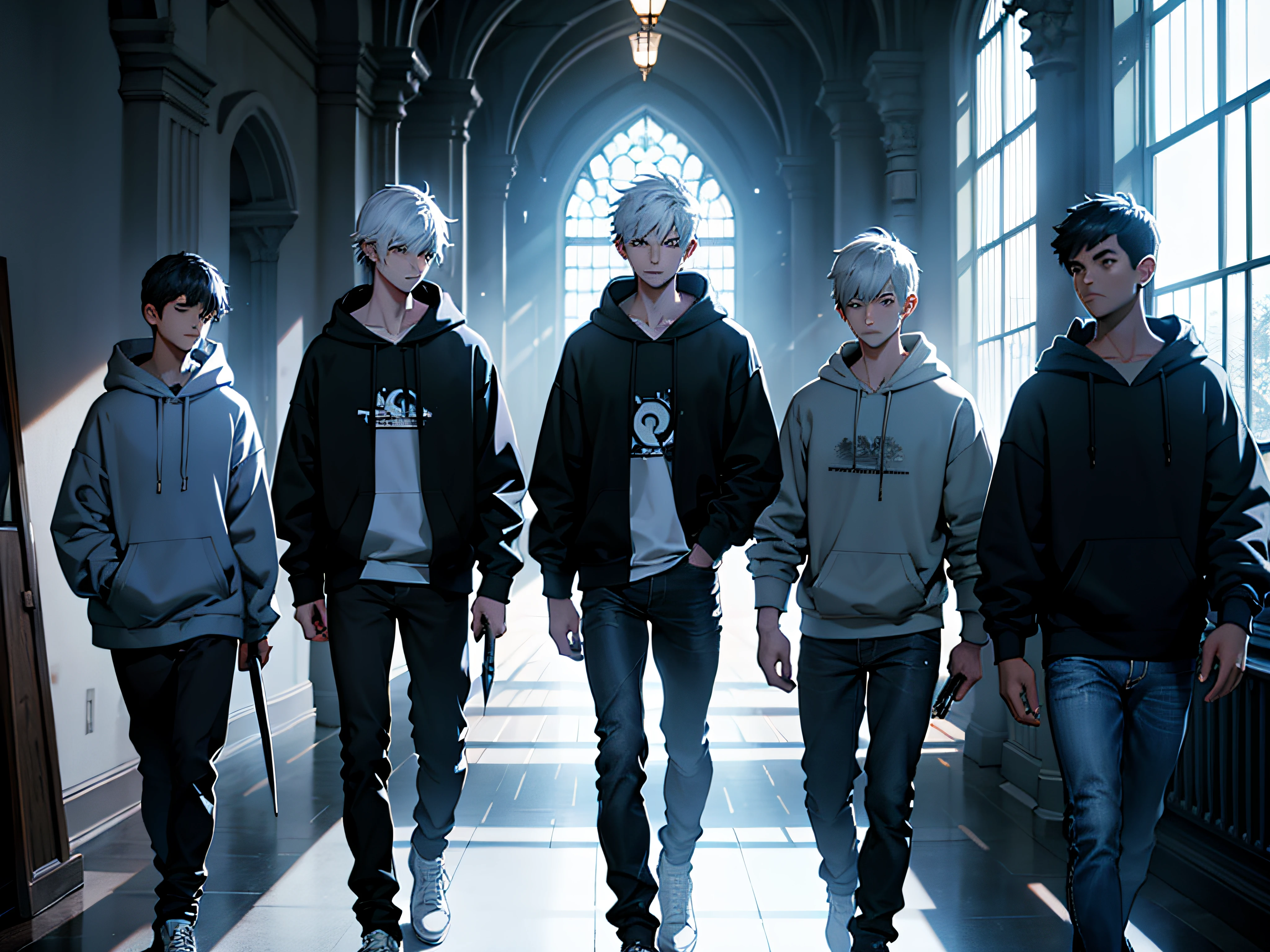 5 boys, skinny posture, all wearing hoodie, wearing black jeans, holding sword, holding bow, holding polesword, holding greatsword, holding magic book, dark vibe, walking straight, high res, ultra sharp, 8K, masterpiece