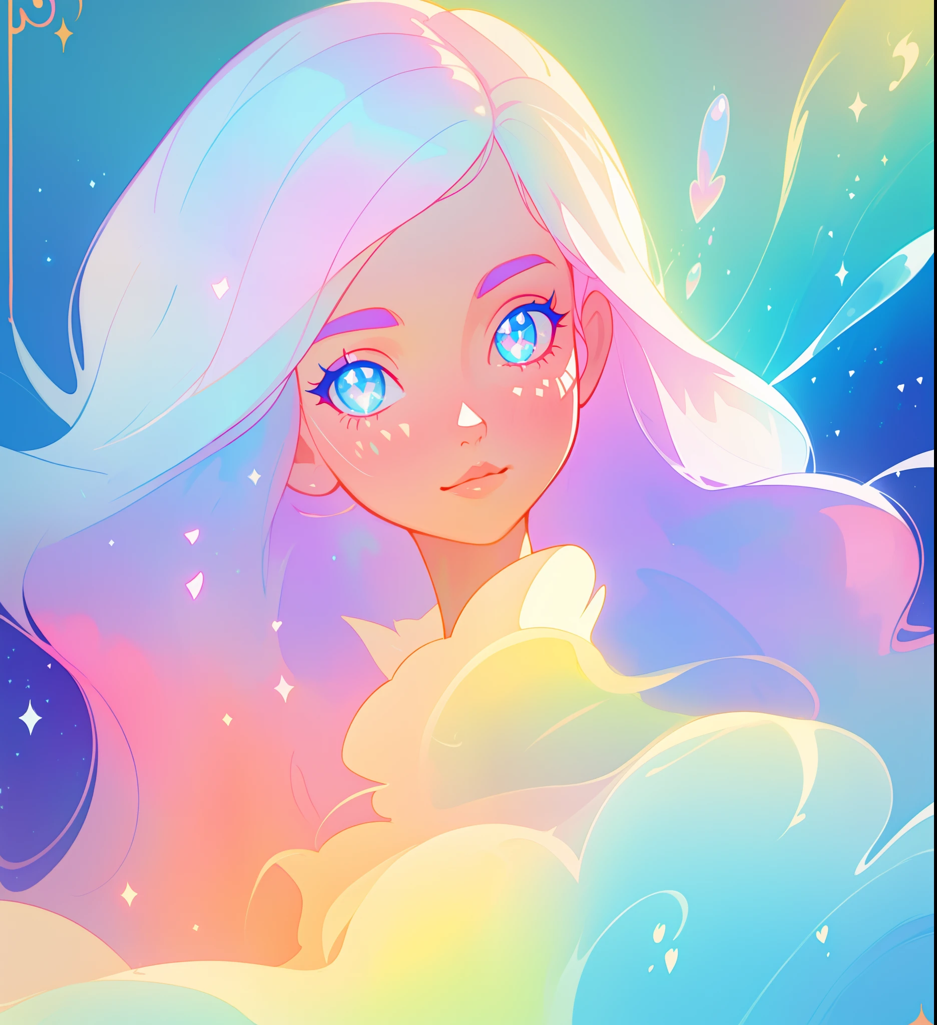 beautiful girl, flowing liquid colorful dress, vibrant pastel colors, (colorful), long flowing colorful hair, magical lights, sparkling magical liquid, inspired by Glen Keane, inspired by Lois van Baarle, disney art style, by Lois van Baarle, glowing aura around her, by Glen Keane, jen bartel, glowing lights! digital painting, flowing glowing hair, glowing flowing hair, beautiful digital illustration, fantasia background, whimsical, magical, fantasy, ((beautiful face)), ((masterpiece, best quality)), intricate details, highly detailed, sharp focus, 8k resolution, sparkling detailed eyes, liquid watercolor