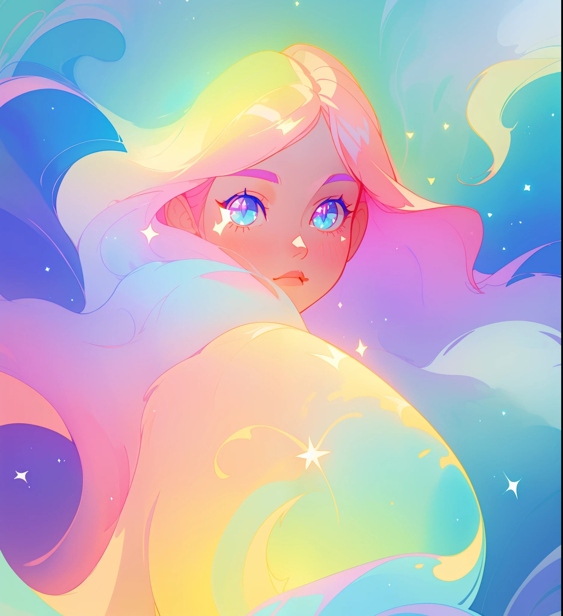 beautiful girl, flowing liquid colorful dress, vibrant pastel colors, (colorful), long flowing colorful hair, magical lights, sparkling magical liquid, inspired by Glen Keane, inspired by Lois van Baarle, disney art style, by Lois van Baarle, glowing aura around her, by Glen Keane, jen bartel, glowing lights! digital painting, flowing glowing hair, glowing flowing hair, beautiful digital illustration, fantasia background, whimsical, magical, fantasy, ((beautiful face)), ((masterpiece, best quality)), intricate details, highly detailed, sharp focus, 8k resolution, sparkling detailed eyes, liquid watercolor