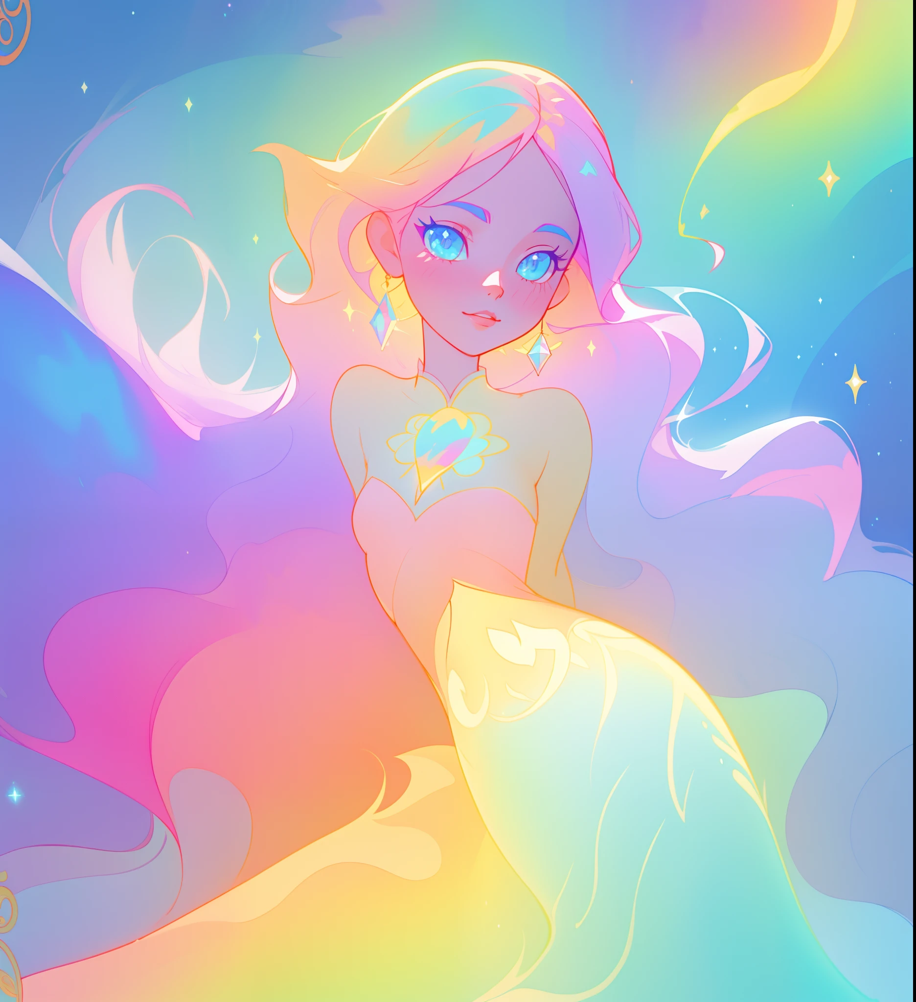 beautiful girl, flowing liquid colorful dress, vibrant pastel colors, (colorful), long flowing colorful hair, magical lights, sparkling magical liquid, inspired by Glen Keane, inspired by Lois van Baarle, disney art style, by Lois van Baarle, glowing aura around her, by Glen Keane, jen bartel, glowing lights! digital painting, flowing glowing hair, glowing flowing hair, beautiful digital illustration, fantasia background, whimsical, magical, fantasy, ((beautiful face)), ((masterpiece, best quality)), intricate details, highly detailed, sharp focus, 8k resolution, sparkling detailed eyes, liquid watercolor